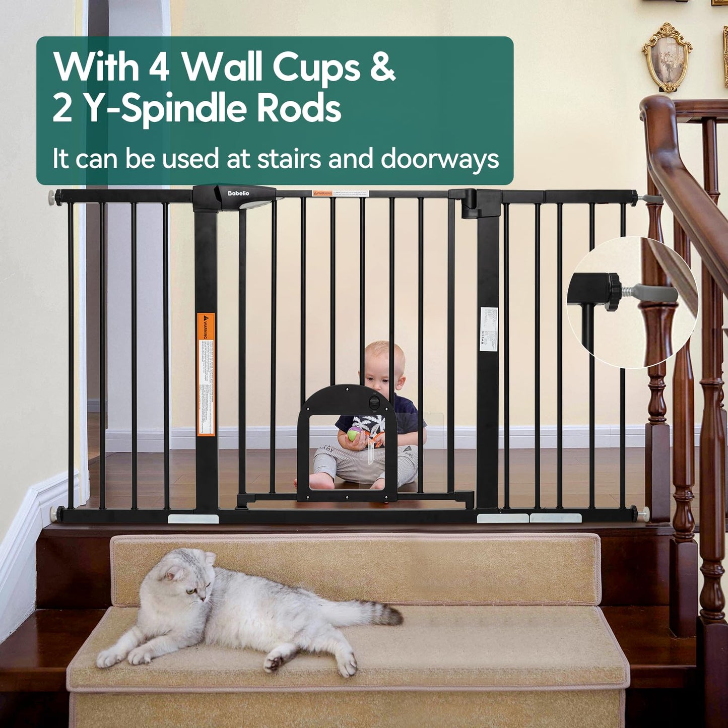 Babelio Upgraded Baby Gate with Cat Door, 29-43" Auto Close Durable Dog Gate for Stairs, Doorways and House, Easy Walk Thru Safety Gate with Pet Door Includes 4 Wall Cups, Black