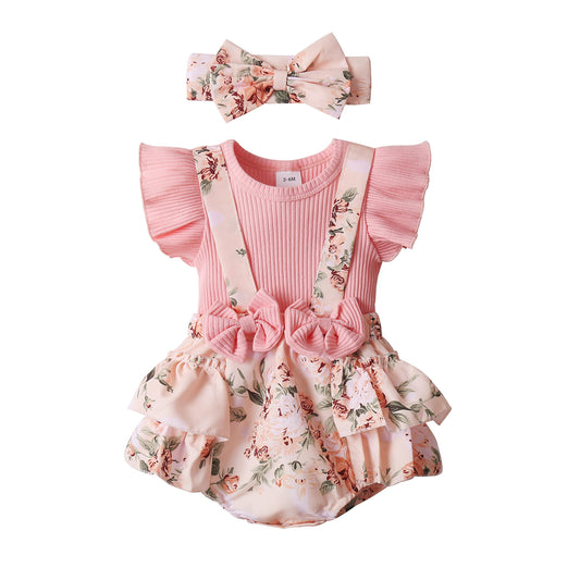 Newborn Baby Girl Clothes Infant Romper Floral Suspender Dress Ruffle Sleeve Onesie Outfit Jumpsuit Headband Spring Summer