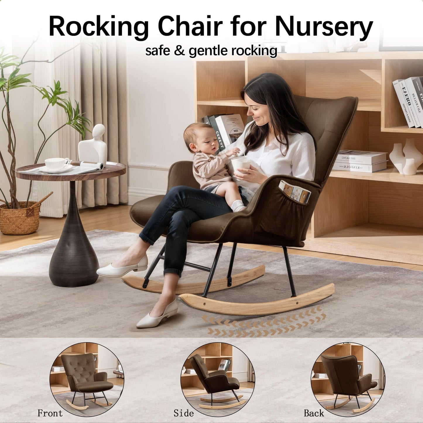 Rocking Chair for Nursery, Comfy Velvet Fabric Glider Rocker, Reading Chair with Support Seating and Side Pockets, Rocking Recliner Chair for Living Room, Bedroom, Balcony, Creamy Beige