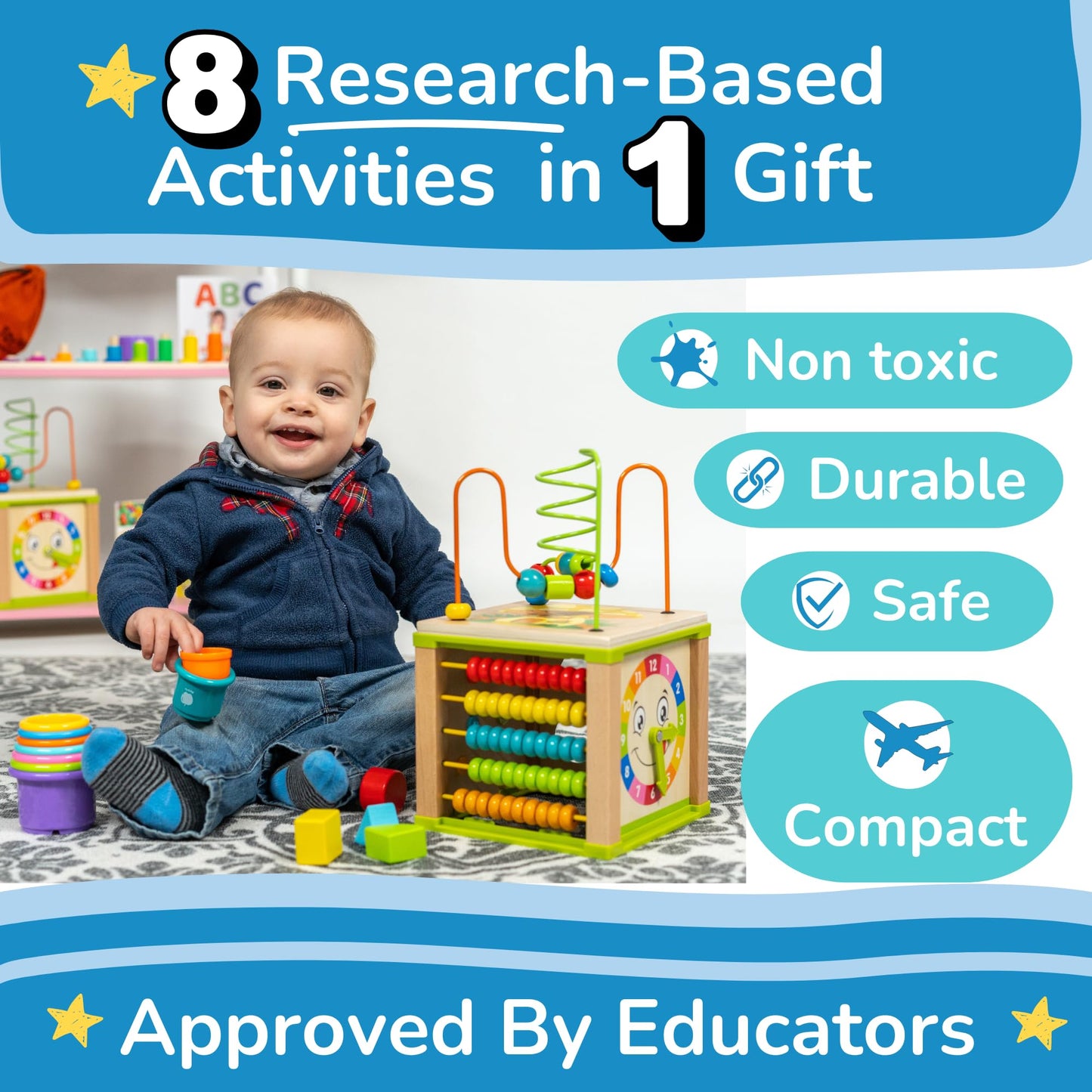 TOYVENTIVE Wooden Activity Cube, Montessori Toys for 1+ Year Old Girl, Multipurpose Educational Sensory Toy for Baby, Toddler, Kid | First Birthday Gift | Bonus First Words Book