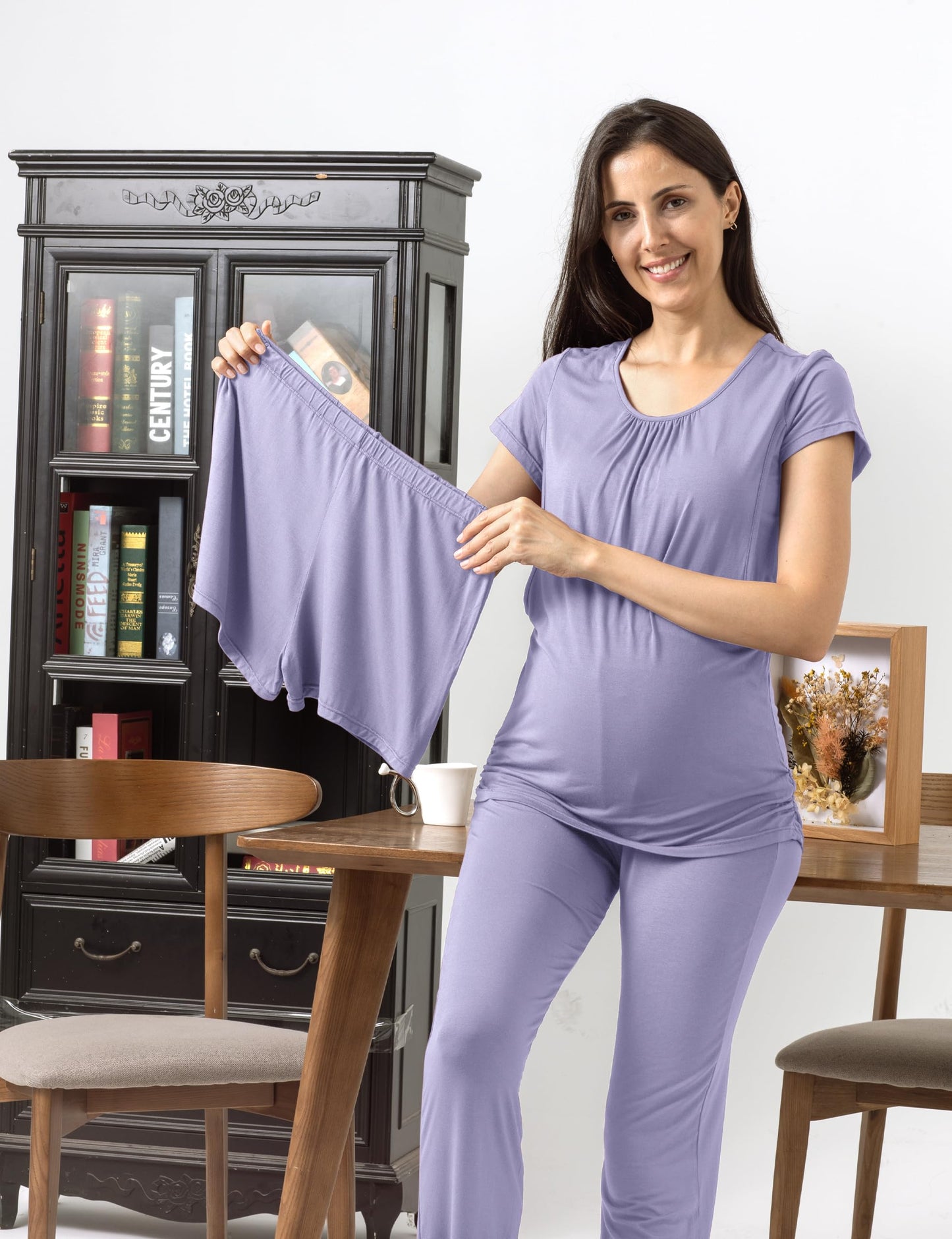 SUNNYBUY Womens Maternity Nursing Pajamas Set, Short Sleeve Breastfeeding Shirts,Pregnancy Shorts & Pants 3 Piece Nursing PJS