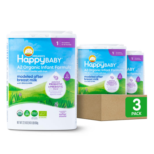 Happy Baby Organics Stage 1 A2 Infant Formula, 0-12 Months, Milk Based Organic Baby Formula Powder with A2 Milk, Probiotics & Prebiotics for Immune & Digestive Support, 22.9 Ounce (Pack of 1)
