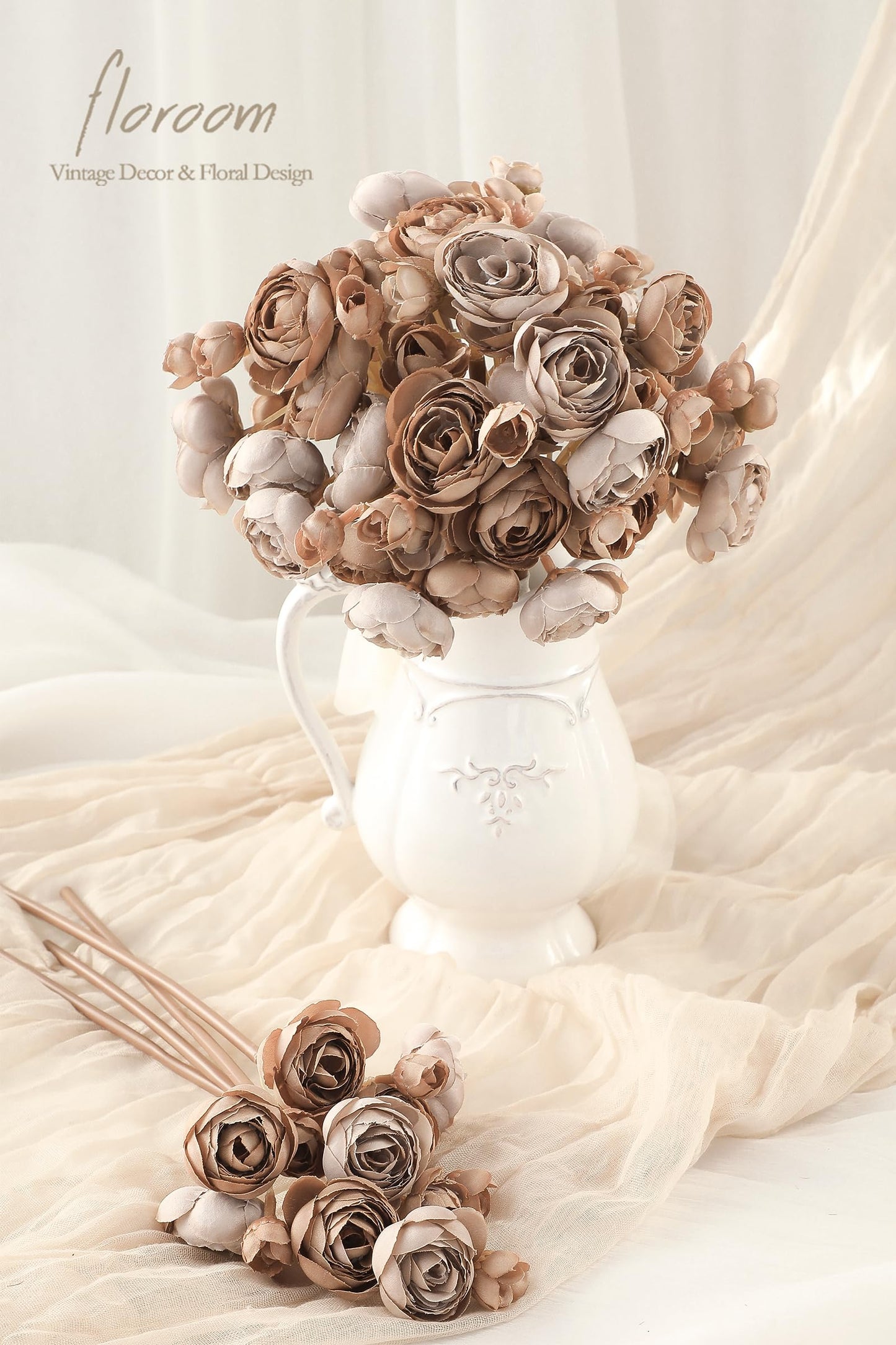 Floroom Ranunculus Artificial Flowers 18 Pcs Blush Faux Silk Mini Ranunculus Bulk Fake Wedding Filler Flowers for DIY Pink Bouquets, Centerpieces, Bridal Shower Decorations & Arrangements