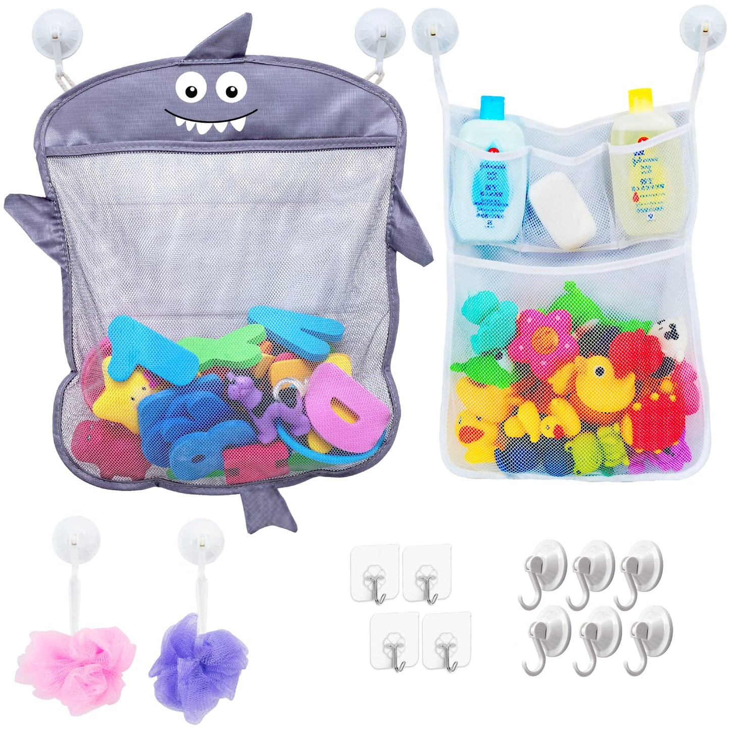 2 x Mesh Bath Toy Organizer + 8 Ultra Strong Hooks – The Perfect Bathtub Toy Holder & Bathroom or Shower Caddy – These Multi-use Net Bags Make Baby Bath Toy Storage Easy – For Kids & Toddlers