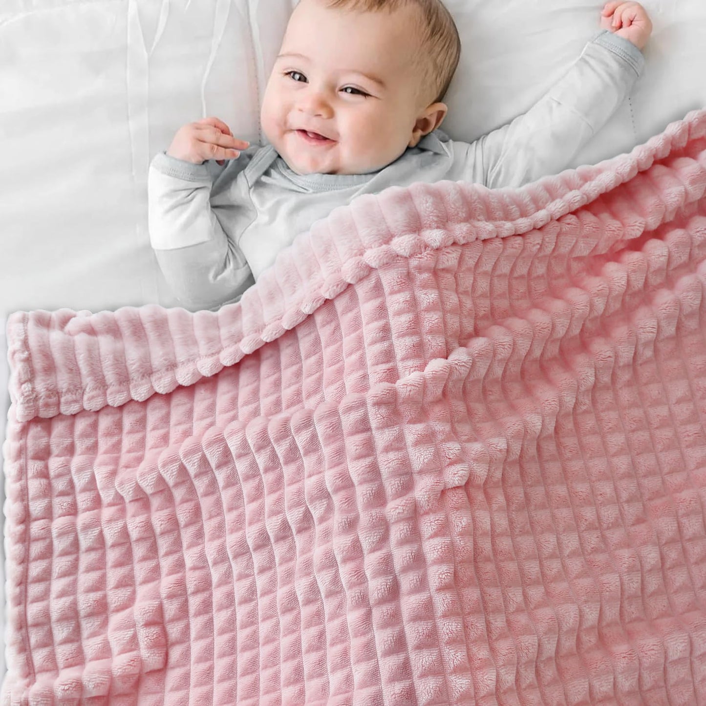 HOMRITAR Baby Blanket for Boys Girls Fleece Super Soft Plush Fuzzy Cozy Toddler Blanket with Square 3D Jacquard Grid Design Luxury Lightweight Bed Blanket for Newborn Infant Cream, 30 x 40 Inch