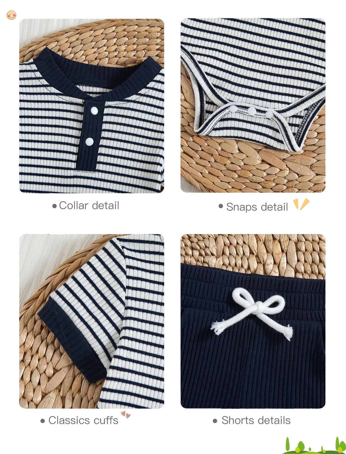 Baby Boy Outfits Ribbed Short Sleeve Striped Romper Top Solid Shorts with Pocket Baby Boy Summer Clothes 0-18M
