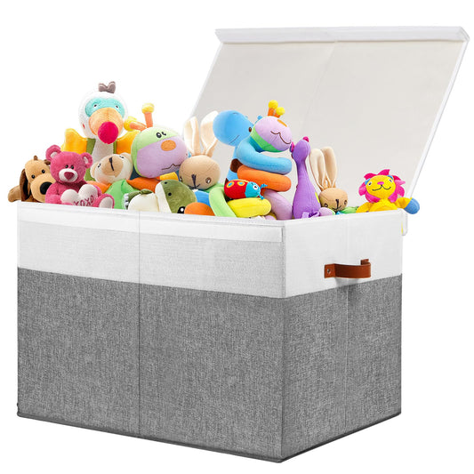 Large Toy Storage Box with Lid, Sturdy Toys Storage Chest Bin Organizer Basket with Dividers for Kids, Boys, Girls, Nursery, Closet, Bedroom, Playroom 25"x13" x16" (Beige and White)