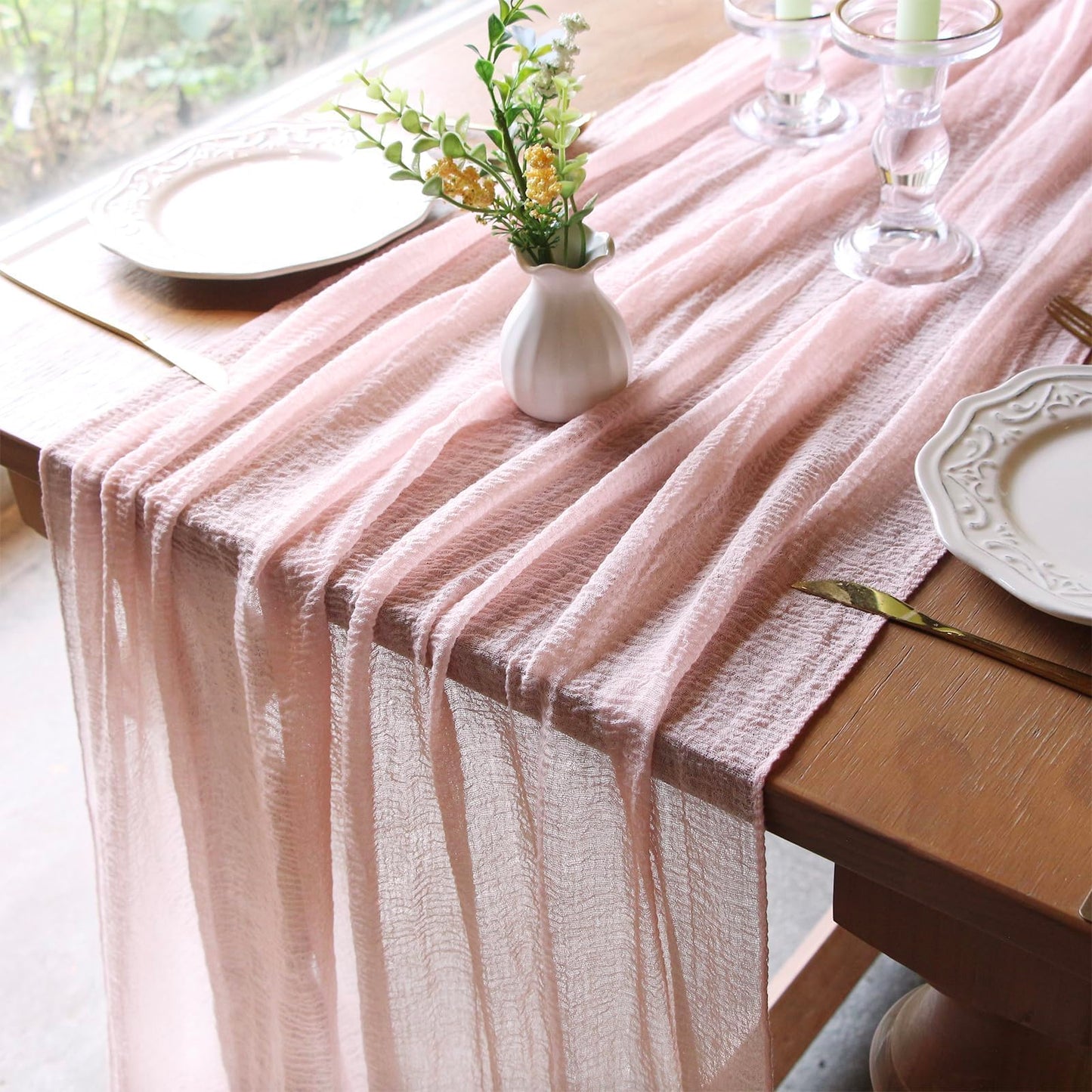 FEXIA Beige Cheesecloth Table Runner 35x120 Inches Ivory Gauze Rustic Boho Spring Easter Table Runner for Engagement Party Decorations Bridal Shower Wedding Party First Communion Centerpiece