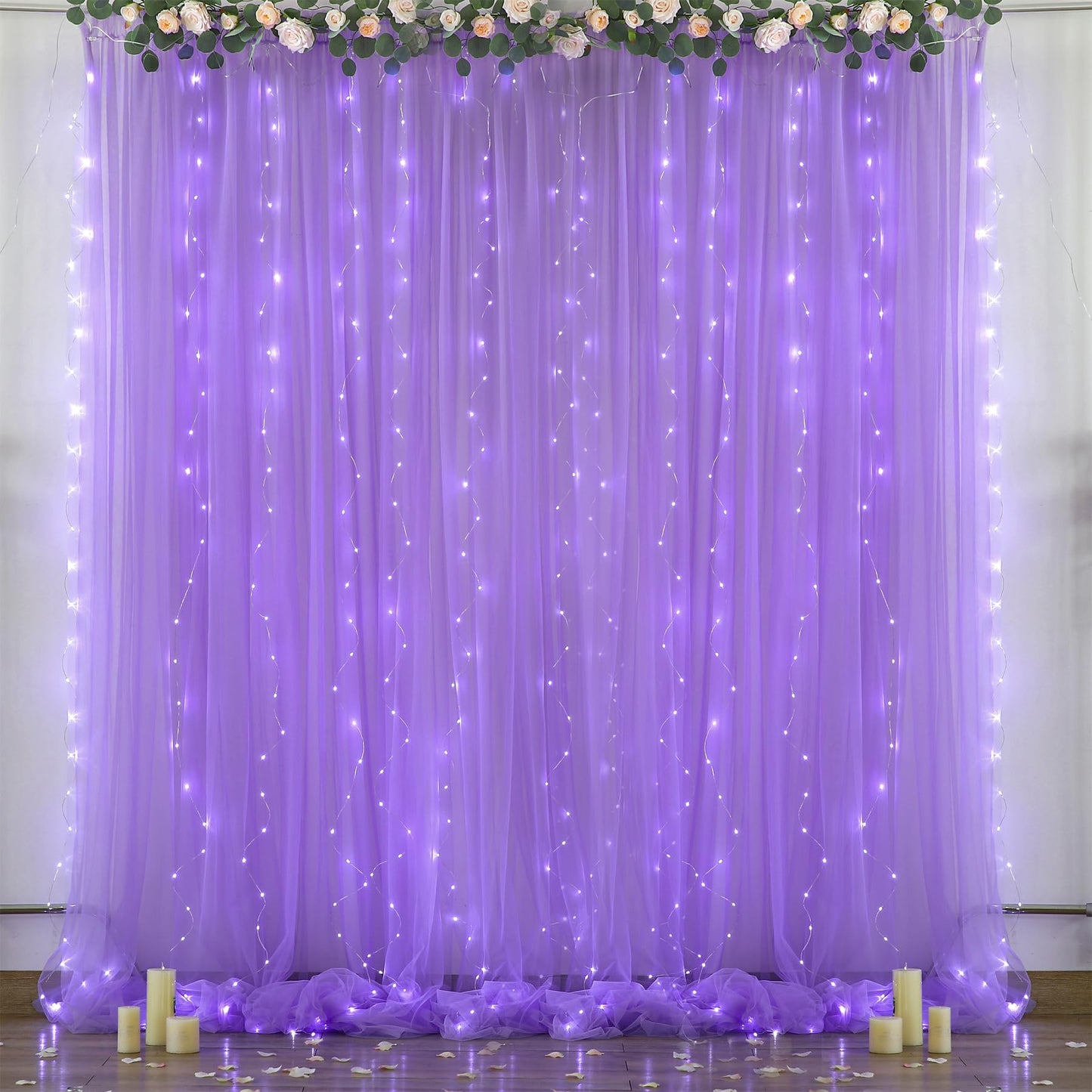 White Tulle Backdrop Curtain with Lights String for Parites 10×8ft Sheer Backdrop Curtains White Curtain Backdrop for Wedding Baby Shower Birthday Party Photo Shoot Decorations(2 Panels 10ft×8ft)