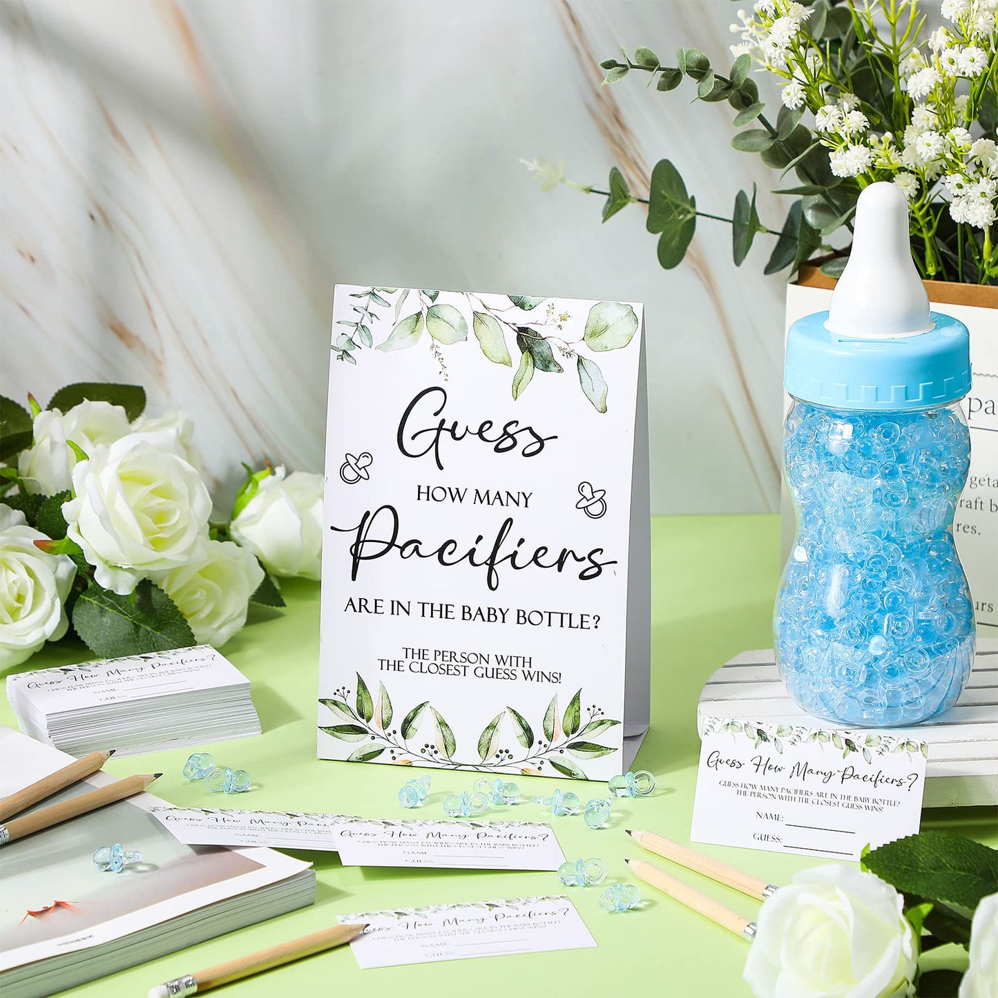 Roowest 512 Pcs Baby Shower Games Guess How Many Pacifiers Sign 100 Small Guessing Games 10 HB Pencils 750ml Milk Bottle 400 Acrylic Pacifiers Decoration for Guest Gender Reveal(Pink,Bear)