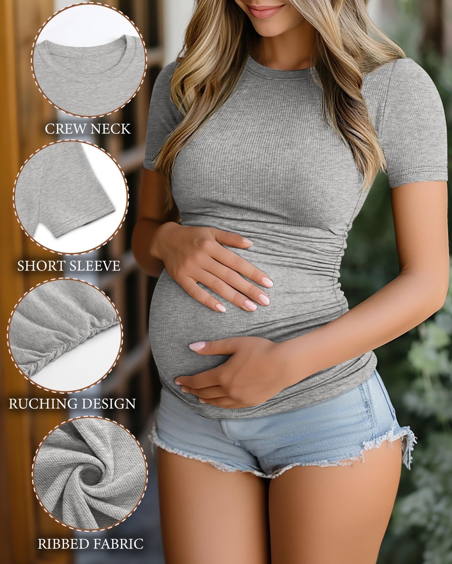 Ficerd 3 Pack Women's Maternity Shirts Cotton Short Sleeve Pregnancy Tops Side Ruched Ribbed Casual Mama tees Clothes