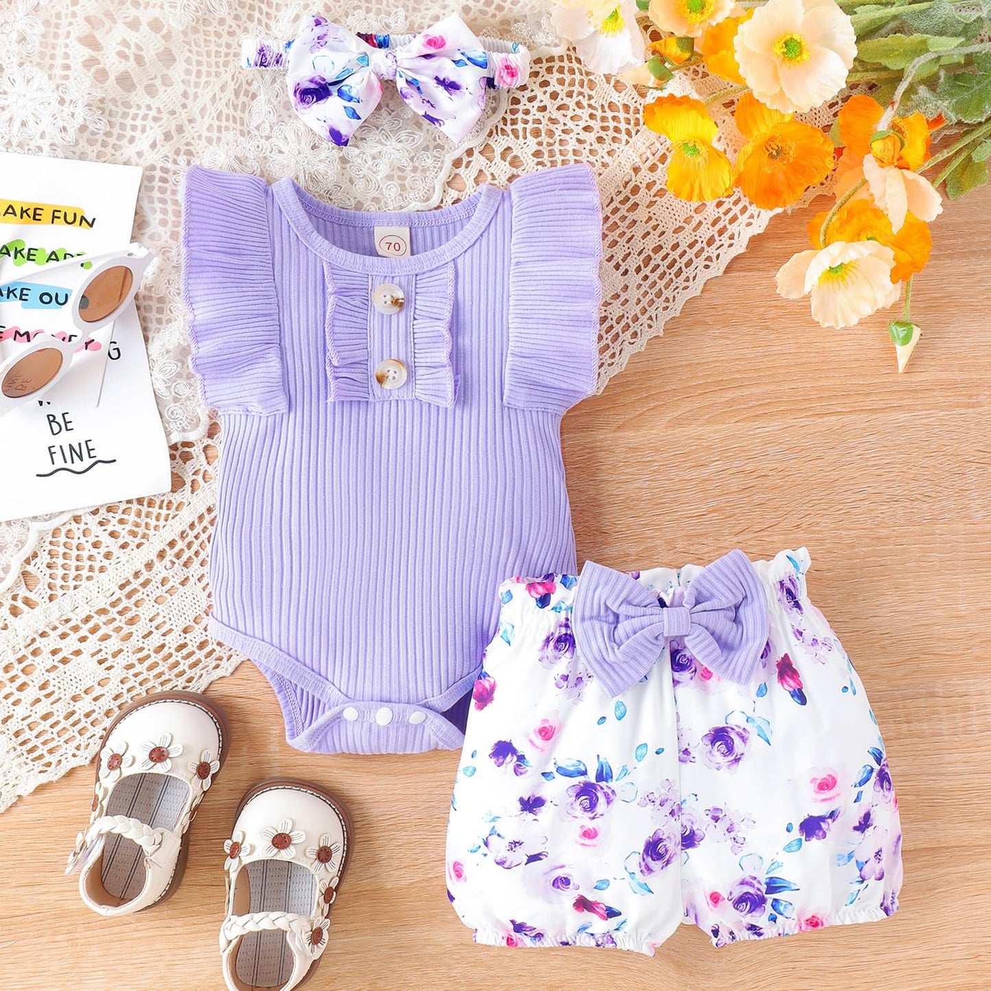 Newborn Baby Girl Clothes Outfits Ruffle Romper and Short Pant Sets with Headband Infant Bodysuits