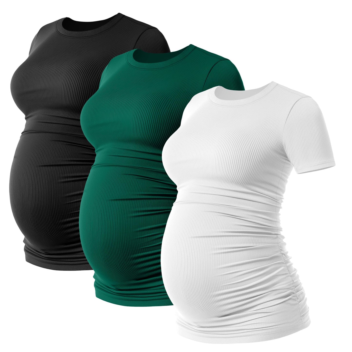 Ficerd 3 Pack Women's Maternity Shirts Cotton Short Sleeve Pregnancy Tops Side Ruched Ribbed Casual Mama tees Clothes