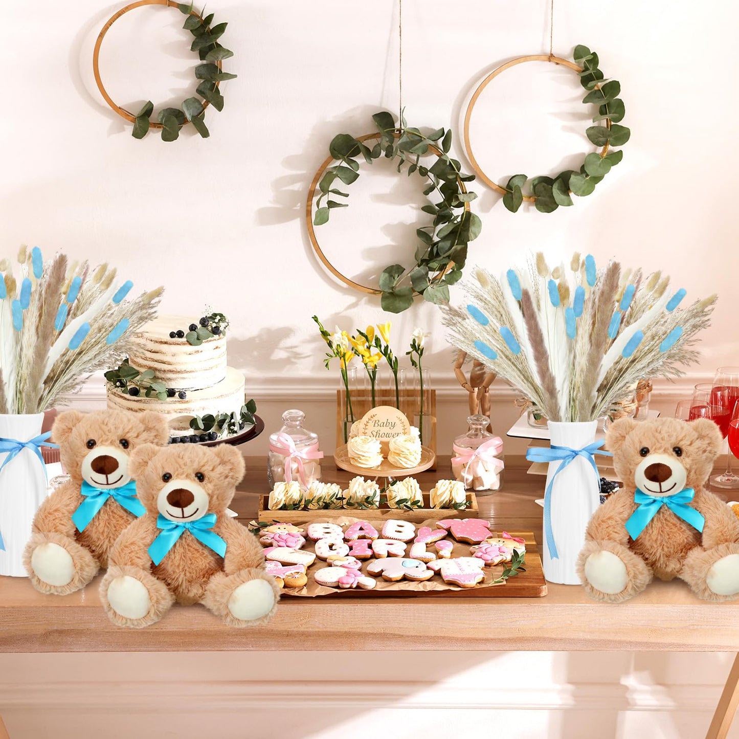 6 Sets 123 Pcs Baby Shower Table Centerpieces Dried Pampas Decor Bear Stuffed Ceramic Look Plastic Vase with Bow for Boho Wedding Bridal Shower Flowers Table Decorations(Brown,Neutral)