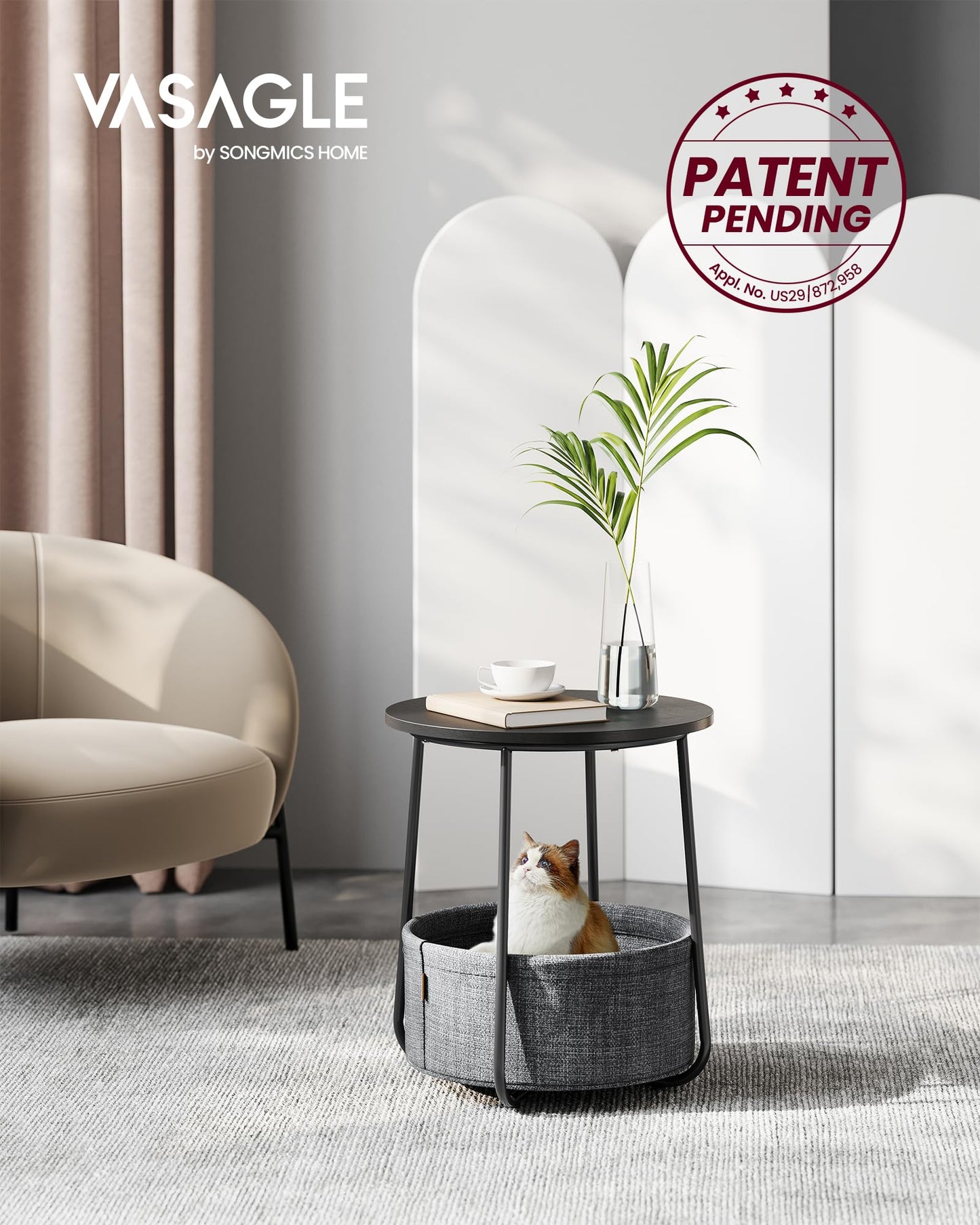 VASAGLE End Table, Small Bedside Table with Fabric Basket, Modern Nightstand, Round Side Table, for Living Room, Bedroom, Matte White and Camel Brown ULET223W10