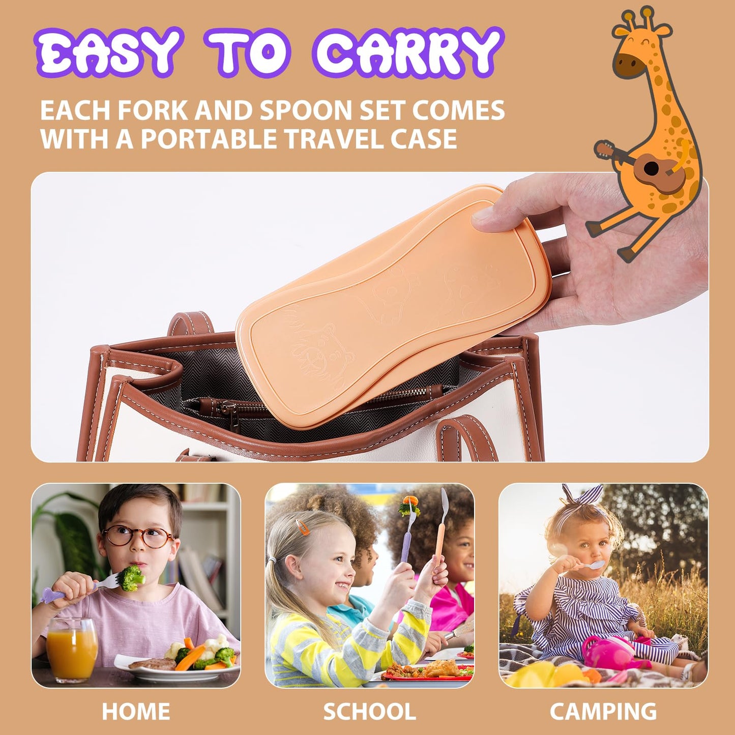 lohodo Toddler Utensils Kids Spoon and Fork Set 18/8 Stainless Steel Silverware BPA Free Pink & Purple Cute Giraffe Child Flatware with Travel Case for Age 3+