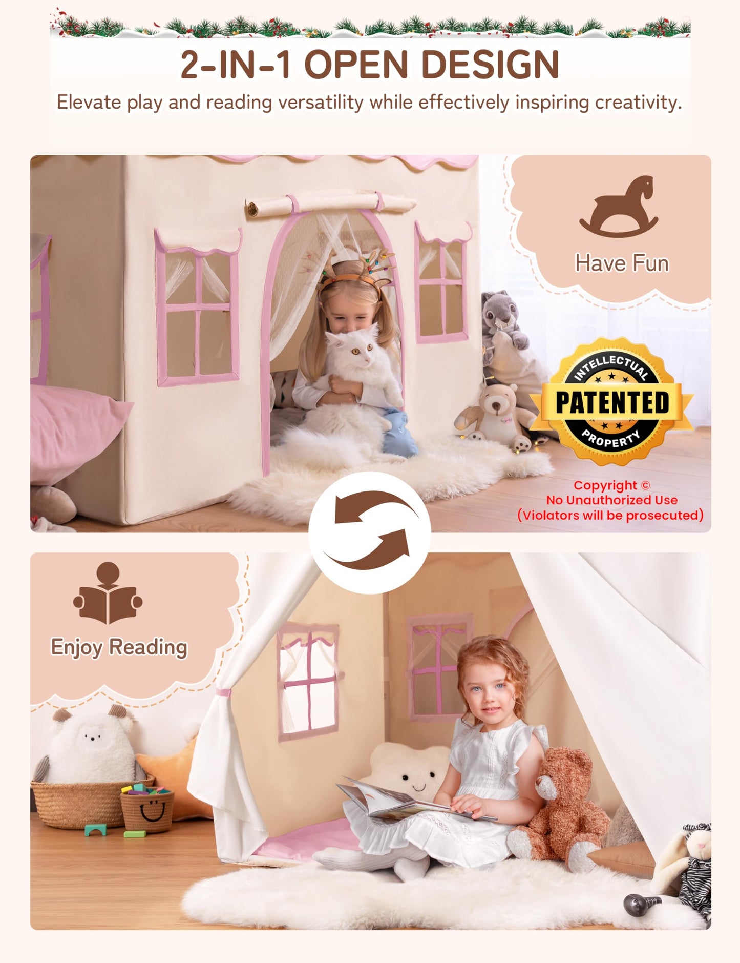 BESREY Kids Play Tent - 2 in 1 with Padded Mat & Lights, Large Playhouse with 2 Doors & 4 Windows, Indoor & Outdoor, Christmas Toddler Play Tent, 51" x 35" x 51