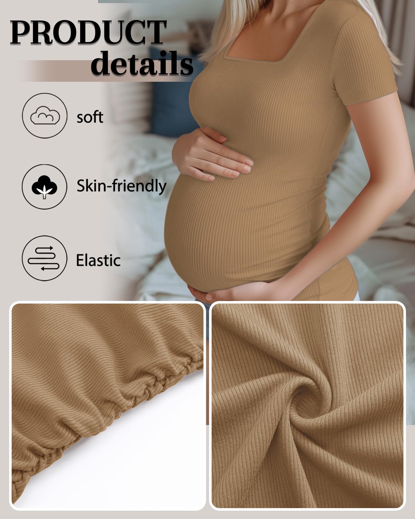 Huukeay 4 Pack Women's Maternity Shirts Cotton Ribbed Short Sleeve Square Neck Pregnancy Tops Side Ruched Summer Tee