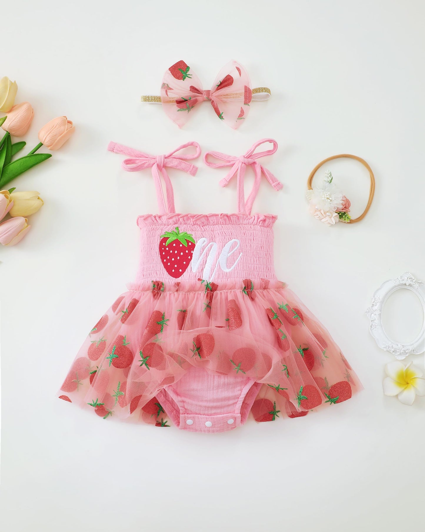 Renotemy Baby Girl Tulle Dress Sleeveless Romper Smocked Halter 1st Birthday Clothes Cake Smash Outfits with Flower Headband