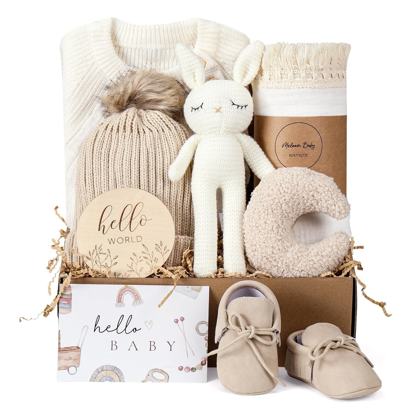 meloom Baby Gift Set, Unisex Newborn Gifts Box, Boho Gender Neutral Baby Essentials, for New Mom, New Baby Gifts for Boys and Girls, Personalized Gift Basket for New Babies