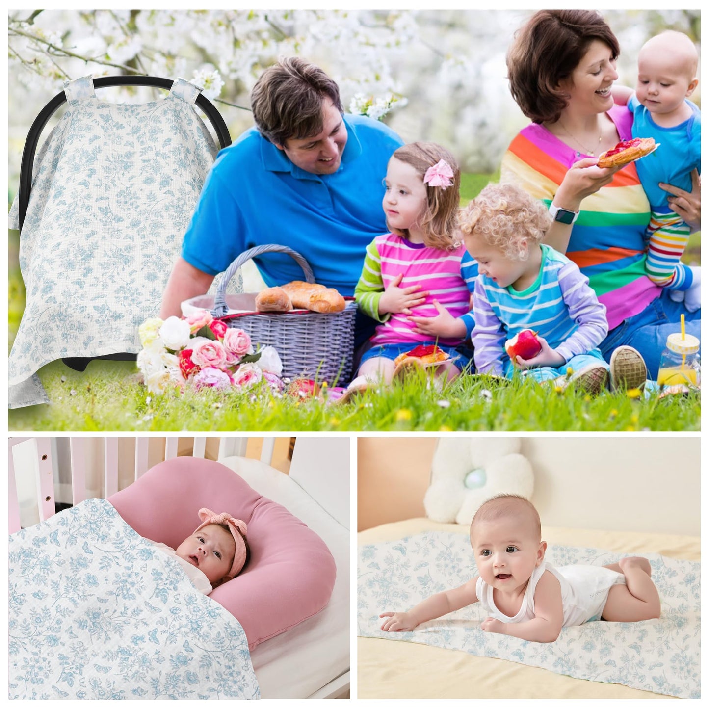 SERAPHY 100% Muslin Cotton Car Seat Covers for Babies, Universal Baby Car Seat Cover, Breathable Muslin Carseat Cover Canopies for Boys and Girls, Soft Infant Car Seat Cover for Summer — Rabbits
