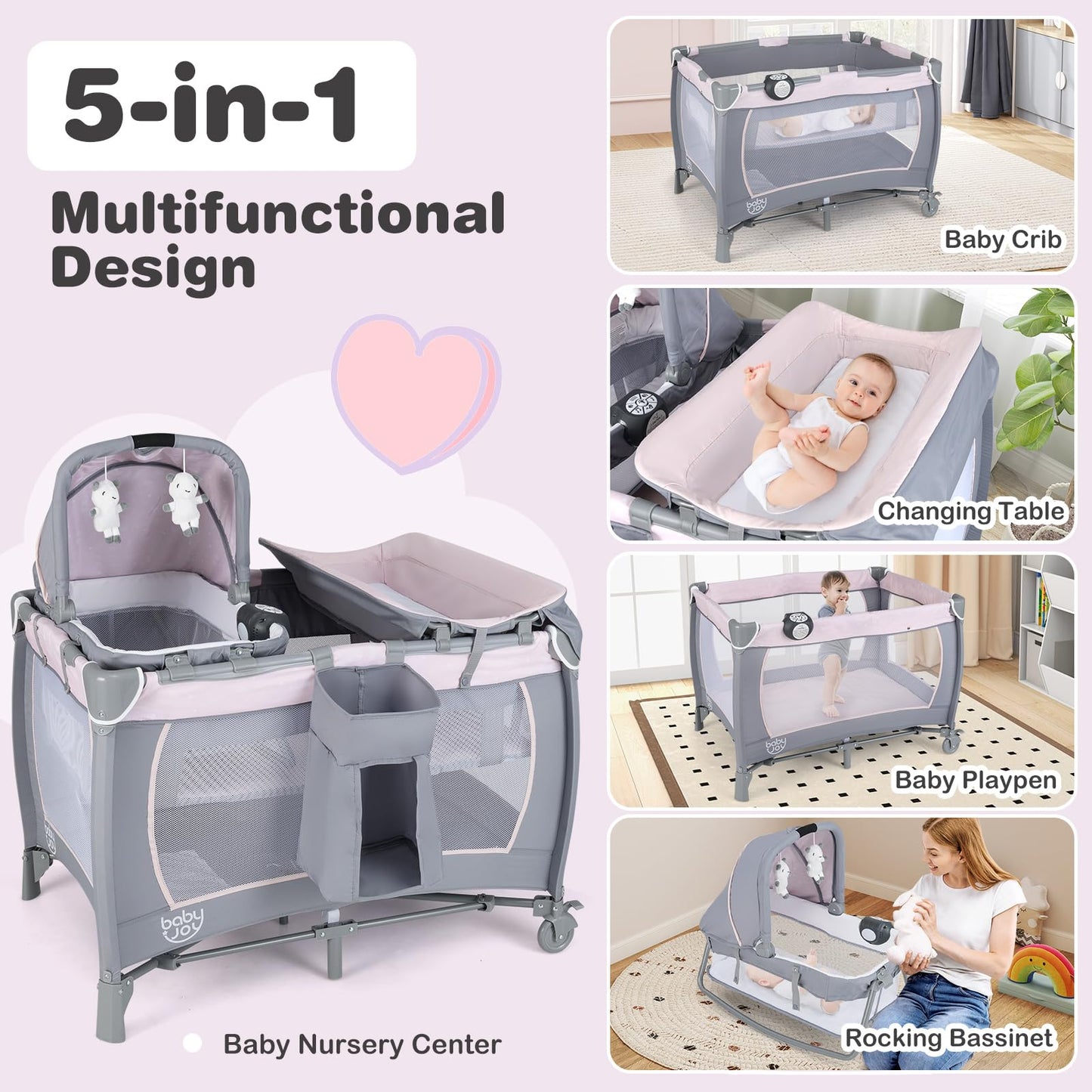 BABY JOY 5 in 1 Pack and Play, Portable Baby Playard w/Bassinet & Diaper Changing Table, Infant Pink Bassinet Crib with Toys & Music & Oxford Bag for Baby Girl Toddlers (Pink + Purple, Starry Sky)