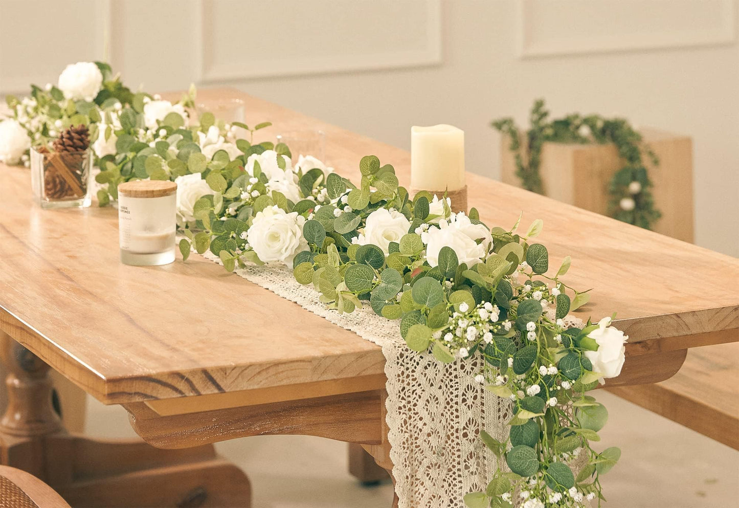 Anna's Whimsy 5.91FT Artificial Eucalyptus Garland with Flowers, Fake Flower Rose Gypsophila, Faux Floral Greenery Garland for Wedding Spring Home Party Craft Art Table Runner Decor