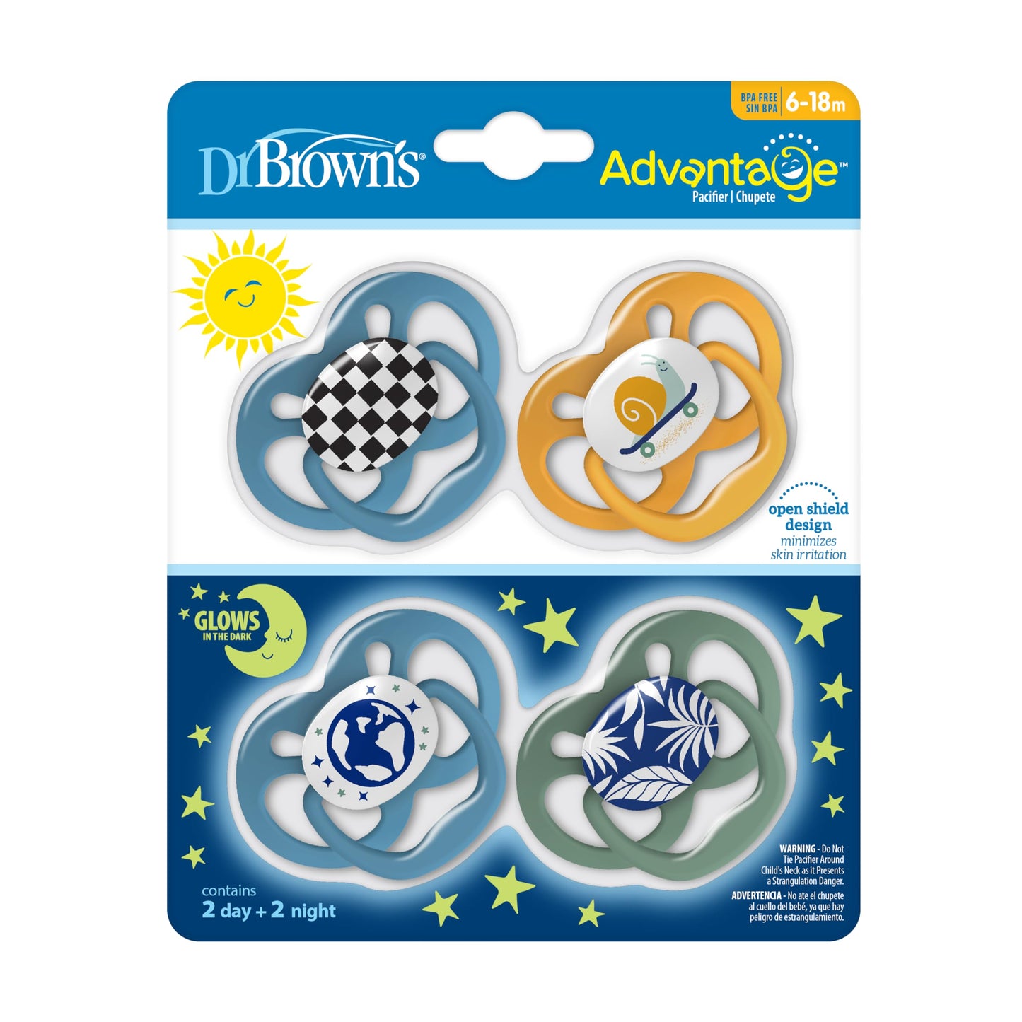 Dr. Brown's Advantage Glow-in-the-Dark Baby Pacifier, Fully Symmetrical Soother with Soft Silicone Bulb, Scooter Squirrel-Purple Nature, 6-18m, BPA Free, 4 Pack