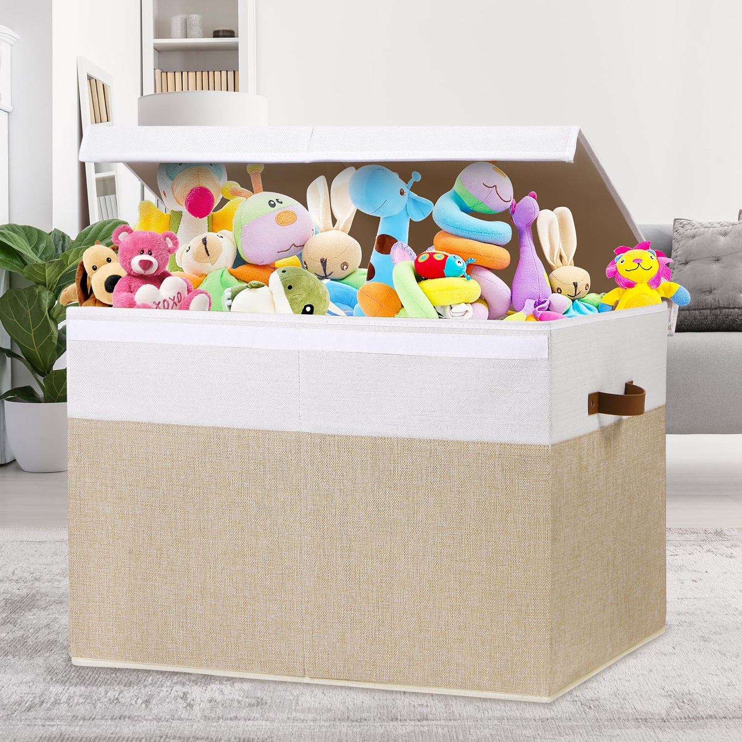 Large Toy Storage Box with Lid, Sturdy Toys Storage Chest Bin Organizer Basket with Dividers for Kids, Boys, Girls, Nursery, Closet, Bedroom, Playroom 25"x13" x16" (Beige and White)