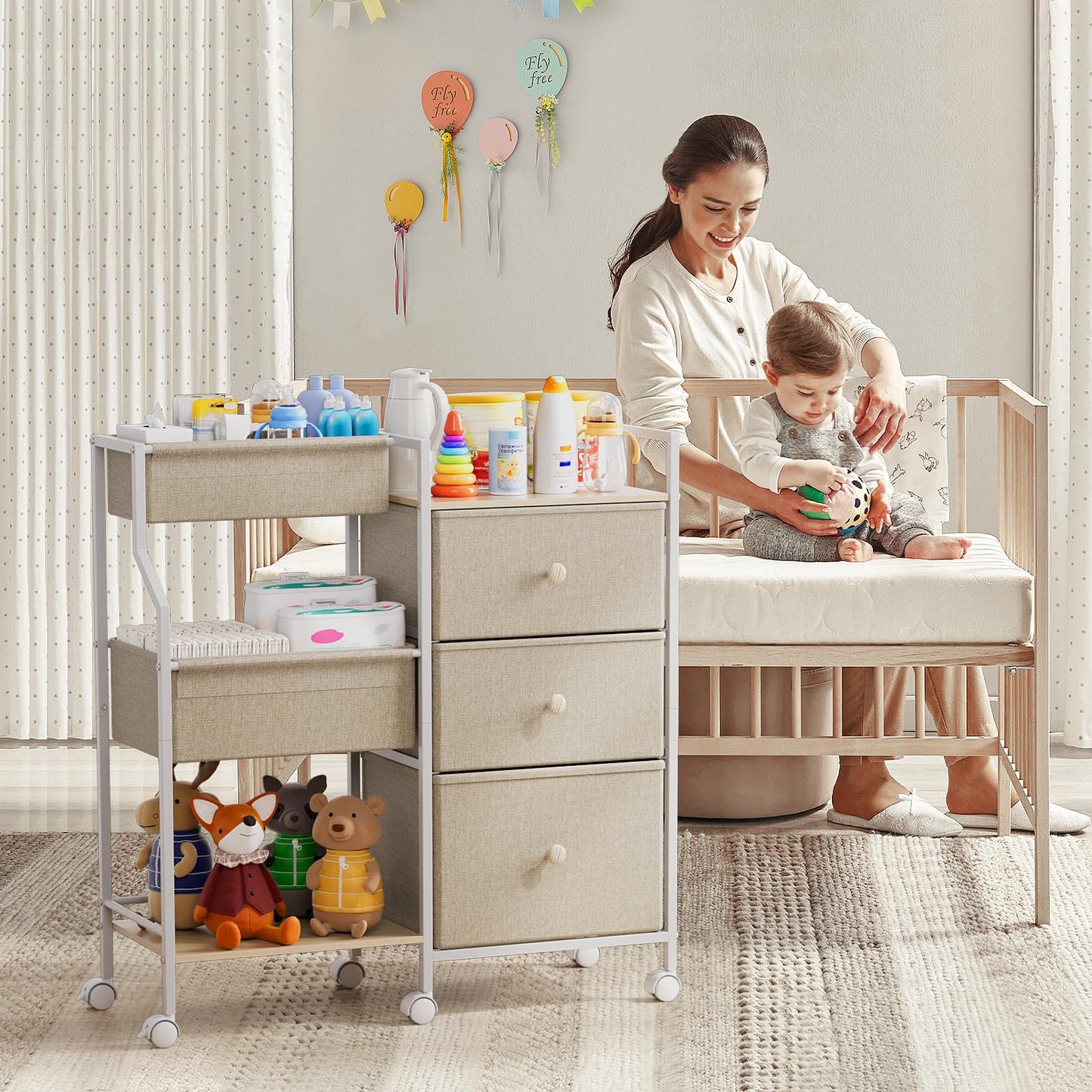Baby Diaper Caddy Organizer and Storage - 3 Tier Rolling Cart with Dividers and Drawers, Easy To Assemble, Mobile Utility Cart with Wheels for Nursery, Bedroom, Changing Table & Crib