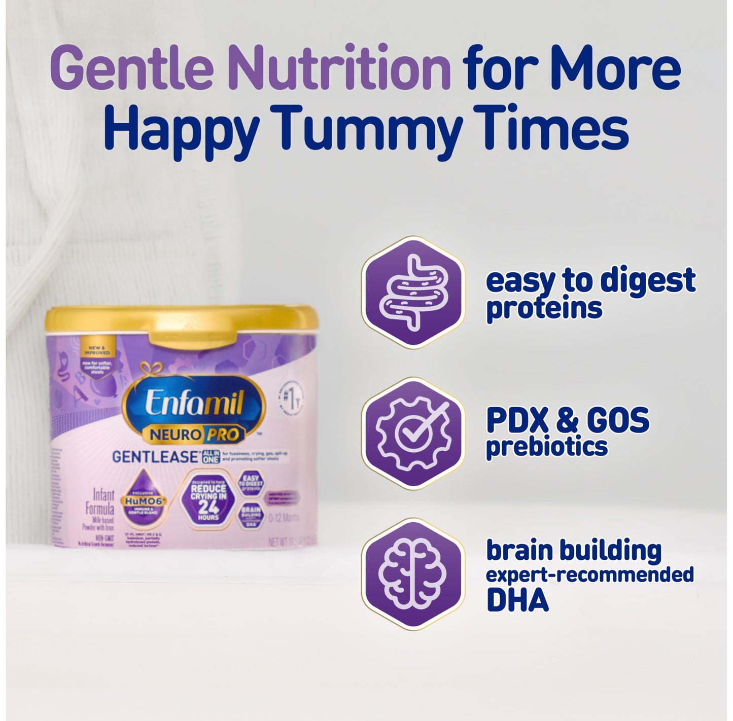 Enfamil NeuroPro Gentlease Baby Formula, Brain Building DHA, HuMO6 Immune Blend, Designed to Reduce Fussiness, Crying, Gas & Spit-up in 24 Hrs, has Prebiotics to Promote Softer Stools, Reusable Tub, 19.5 Oz