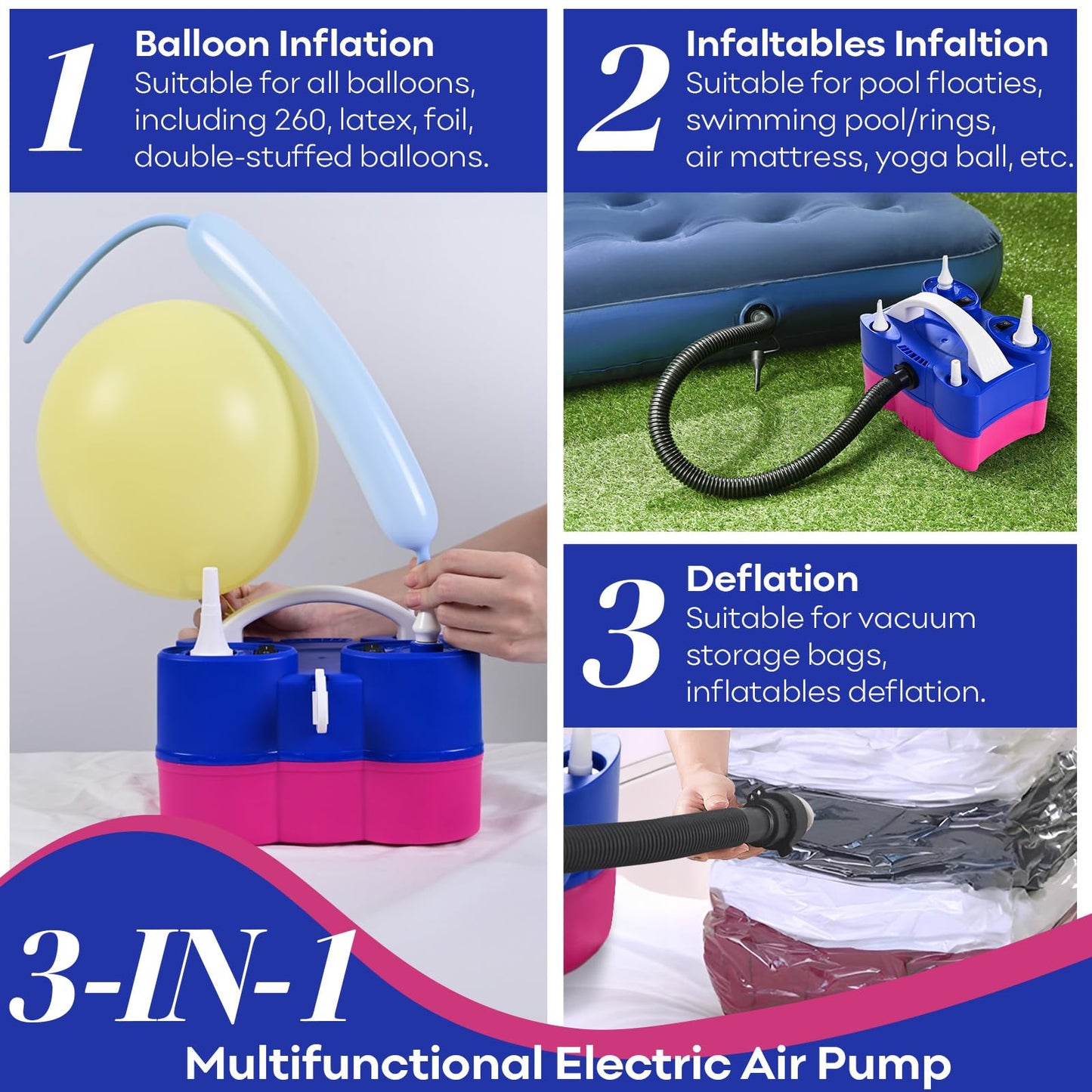 Electric Balloon Pump, 3-in-1 Portable Air Pump for Inflatables and Balloons, Dual Nozzle Balloon Blower Machine for Latex 260q Foil Balloons 110V Inflator Deflator for Pool Floats Air Mattress
