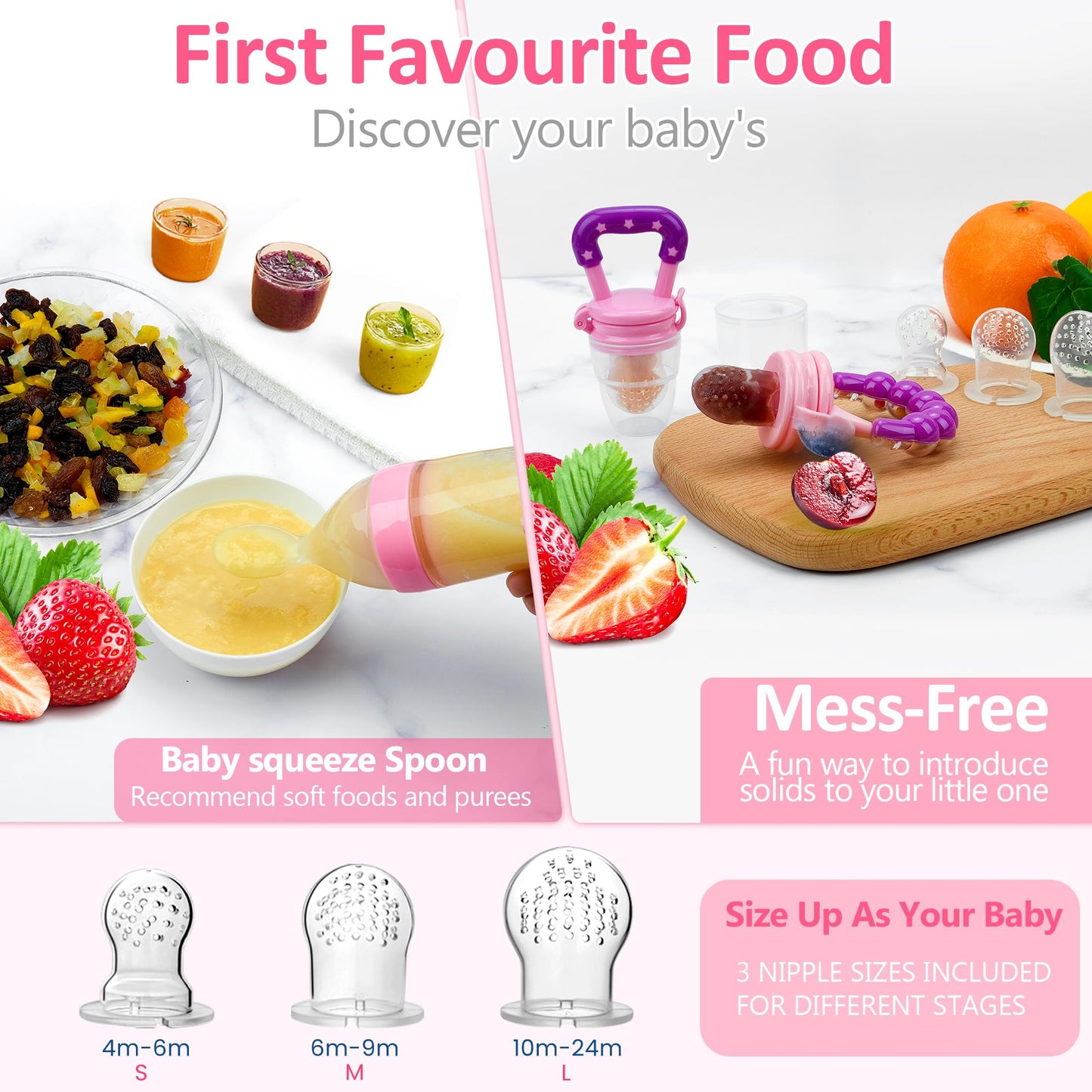 Food Feeder for Baby, Fruit Feeder Pacifier (3 Pcs) with 6 Different Sized Silicone Pacifiers 1 PCS Silicone Baby Food Dispensing Spoon 90ML with 1 PC Baby Spoons 1 PC Pacifier Clip Baby Feeding Set