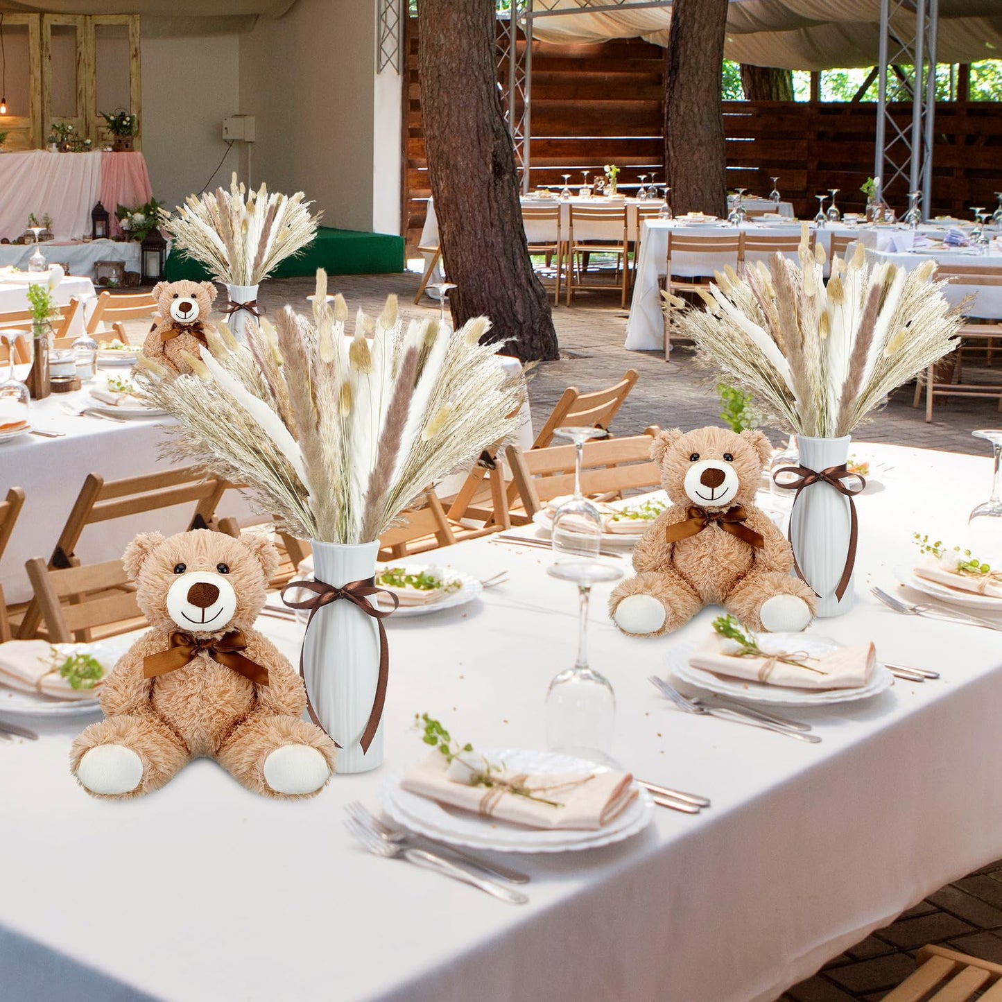 6 Sets 123 Pcs Baby Shower Table Centerpieces Dried Pampas Decor Bear Stuffed Ceramic Look Plastic Vase with Bow for Boho Wedding Bridal Shower Flowers Table Decorations(Brown,Neutral)