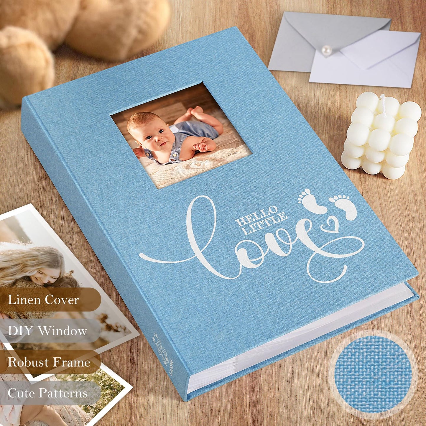 Lanpn Baby Photo Album 4x6 600 Pockets, Linen cover Newborn Bebe Memory Book Photobook Holds 600 Horizontal and Vertical Pictures, Picture Album with Front Window Gift for Boy Girl Baby Shower Pink