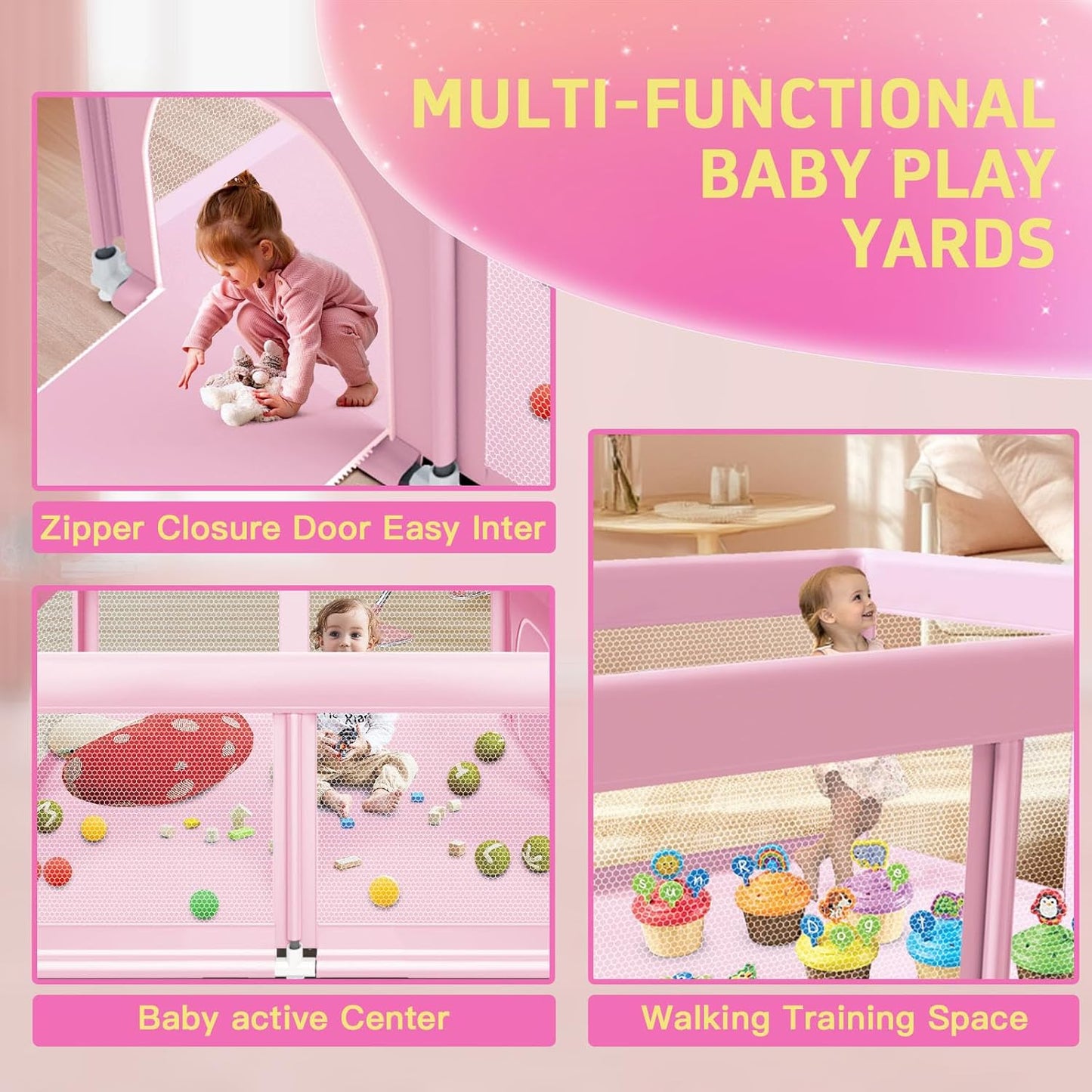 50" ×50" Baby Playpen, Baby Play Pen for Babies and Toddlers, Baby Playard for Indoor & Outdoor, Sturdy Safety Play Yard with Soft Breathable Mesh, Anti-Fall, Pink