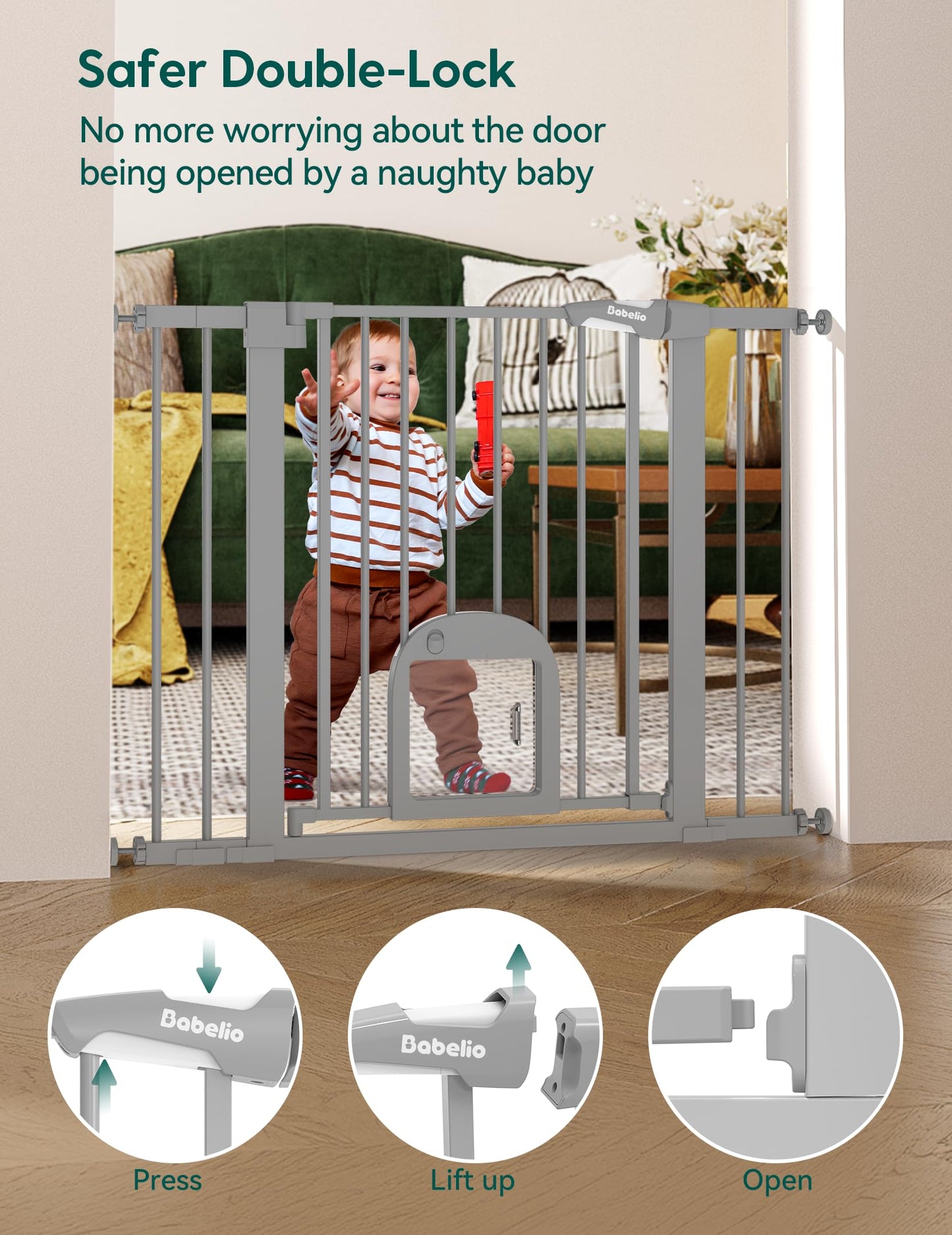 Babelio Upgraded Baby Gate with Cat Door, 29-43" Auto Close Durable Dog Gate for Stairs, Doorways and House, Easy Walk Thru Safety Gate with Pet Door Includes 4 Wall Cups, Black