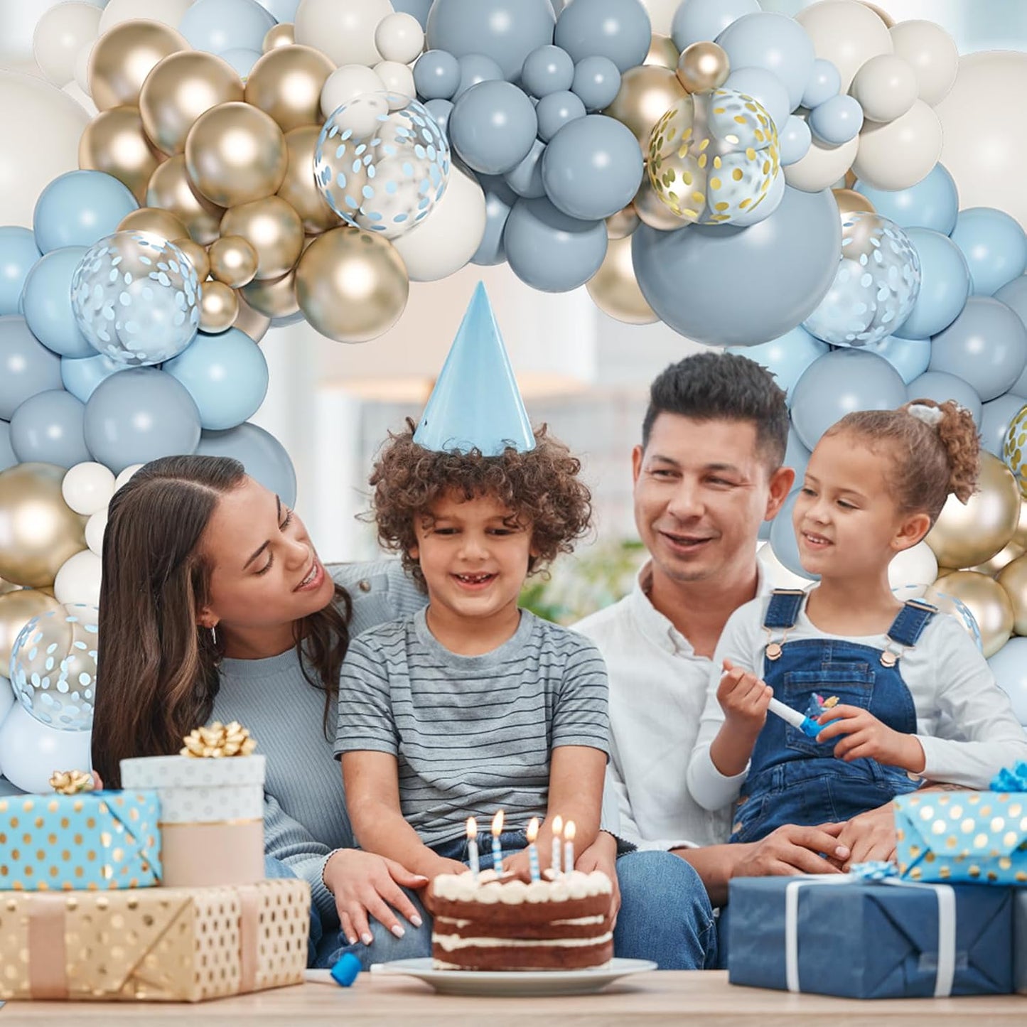 Ouddy Life 180pc Dusty Baby Balloons Arch Garland Kit, Blue Baby Shower Decorations Boy with Fog, Sand, White, Chrome, Gold, Champagne Balloons for Birthday, Boho, Bridal Shower Party Decor