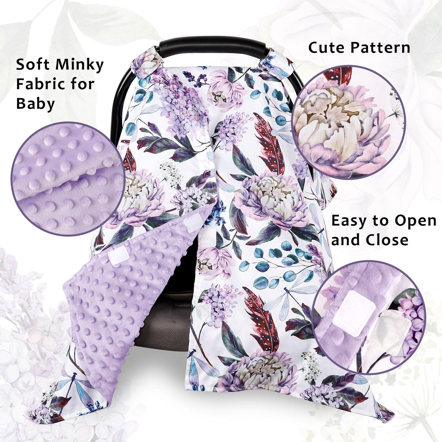 Car Seat Cover Baby, Infant Car Seat Canopy Covers for Newborn Girls Boys, Soft Breathable Mink Carseat Covers Stretchy Multi-Use Nursing Cover for Stroller Baby Car Seat, Purple Flroal