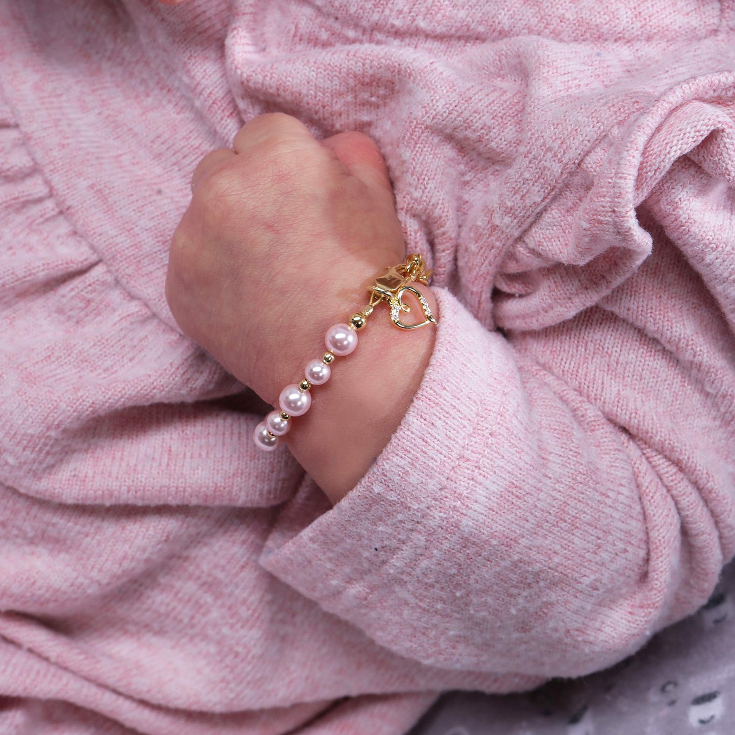 Cherished Moments Children's 14K Gold-plated Bracelet with Pink High-End Simulated Pearls and Cross or Heart Charm for Baptism, Christening or First Communion Gift for Girls