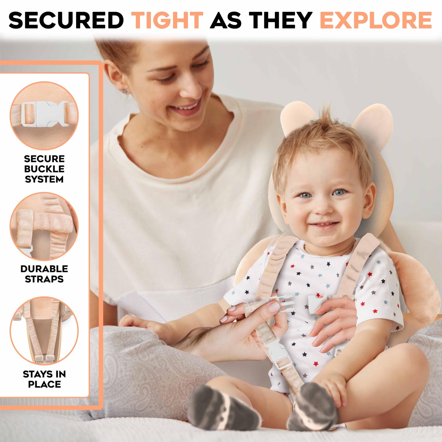 100% Cotton Non-Toxic Hypoallergenic Baby Backpack Head Protection Pillow, Full Head Coverage, Baby Head Pillow for Falling, Secure, Durable, Fox (Orange)
