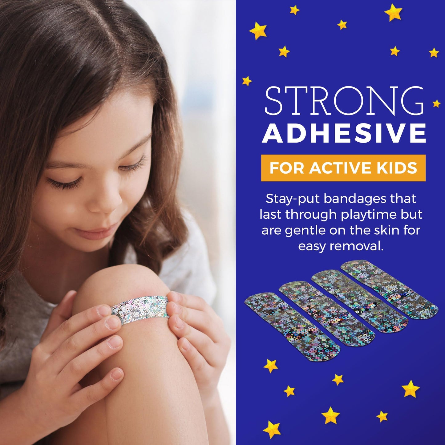 Glitter Bandages for Kids -(100 Count Box) Adhesive Bandage Strips w/Colorful Glitter Design & Latex-Free Individually Wrapped Strips for First Aid, Wound Care, Minor Cuts, Scrapes