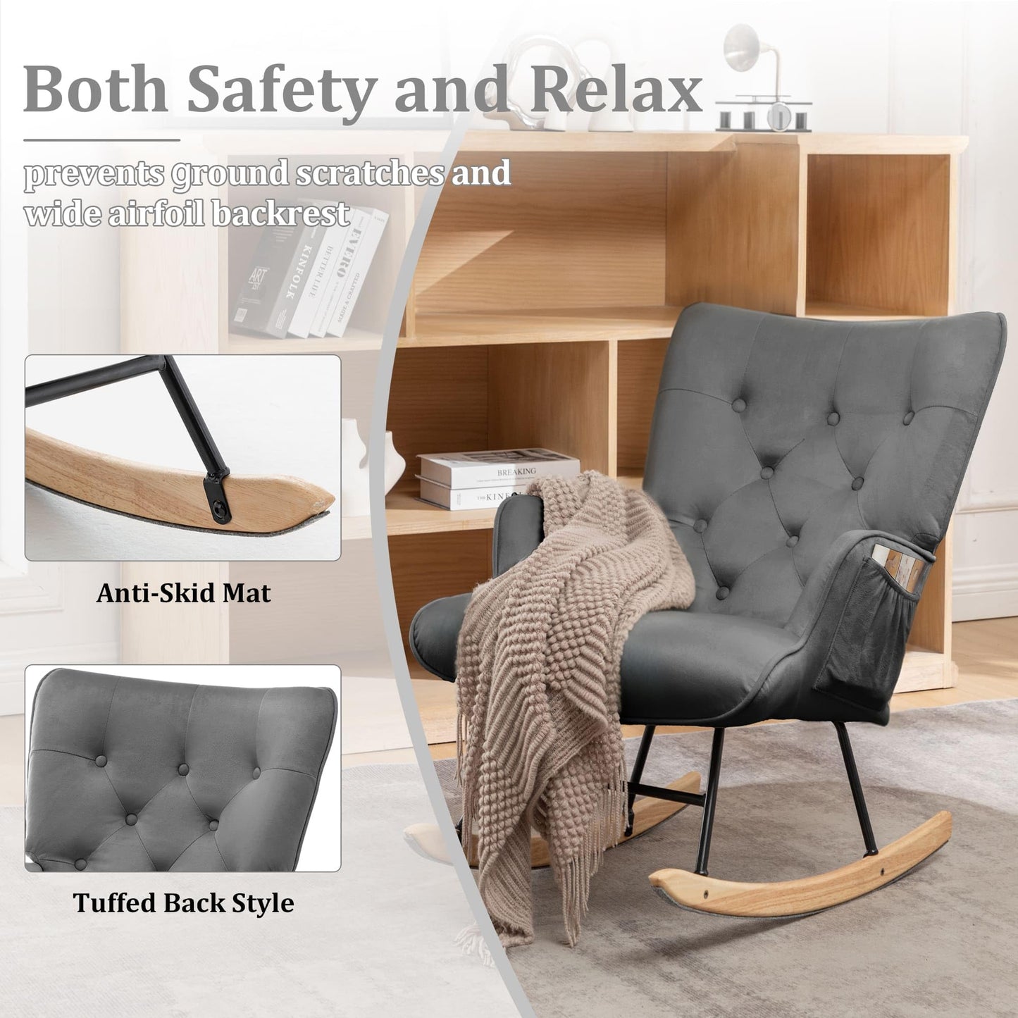 Rocking Chair for Nursery, Comfy Velvet Fabric Glider Rocker, Reading Chair with Support Seating and Side Pockets, Rocking Recliner Chair for Living Room, Bedroom, Balcony, Creamy Beige