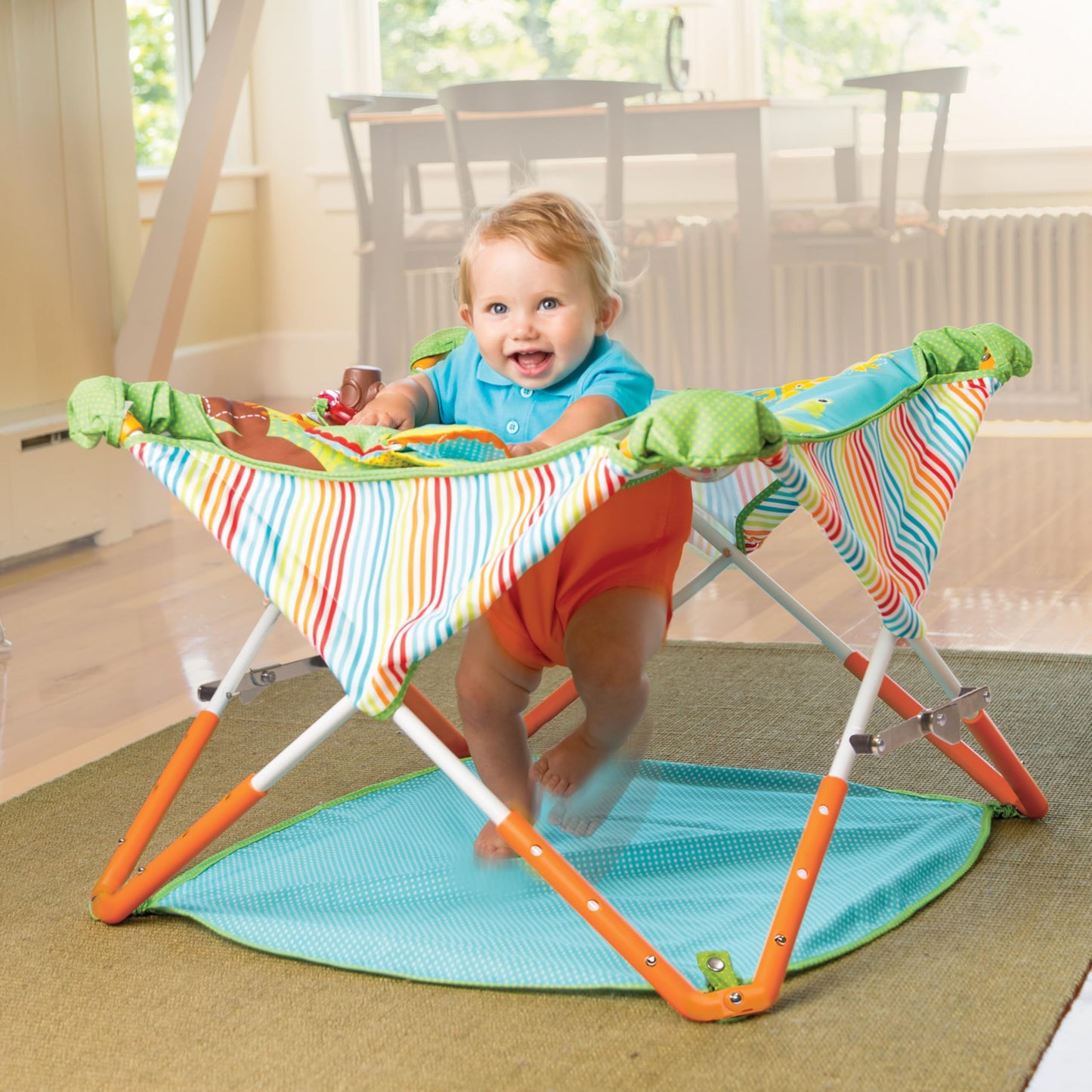 Bright Starts Pop 'N Jump Portable Activity Jumper, Indoor/Outdoor Use, Owl Forest with 4 Sensory Toys, Ages 6-12 Months
