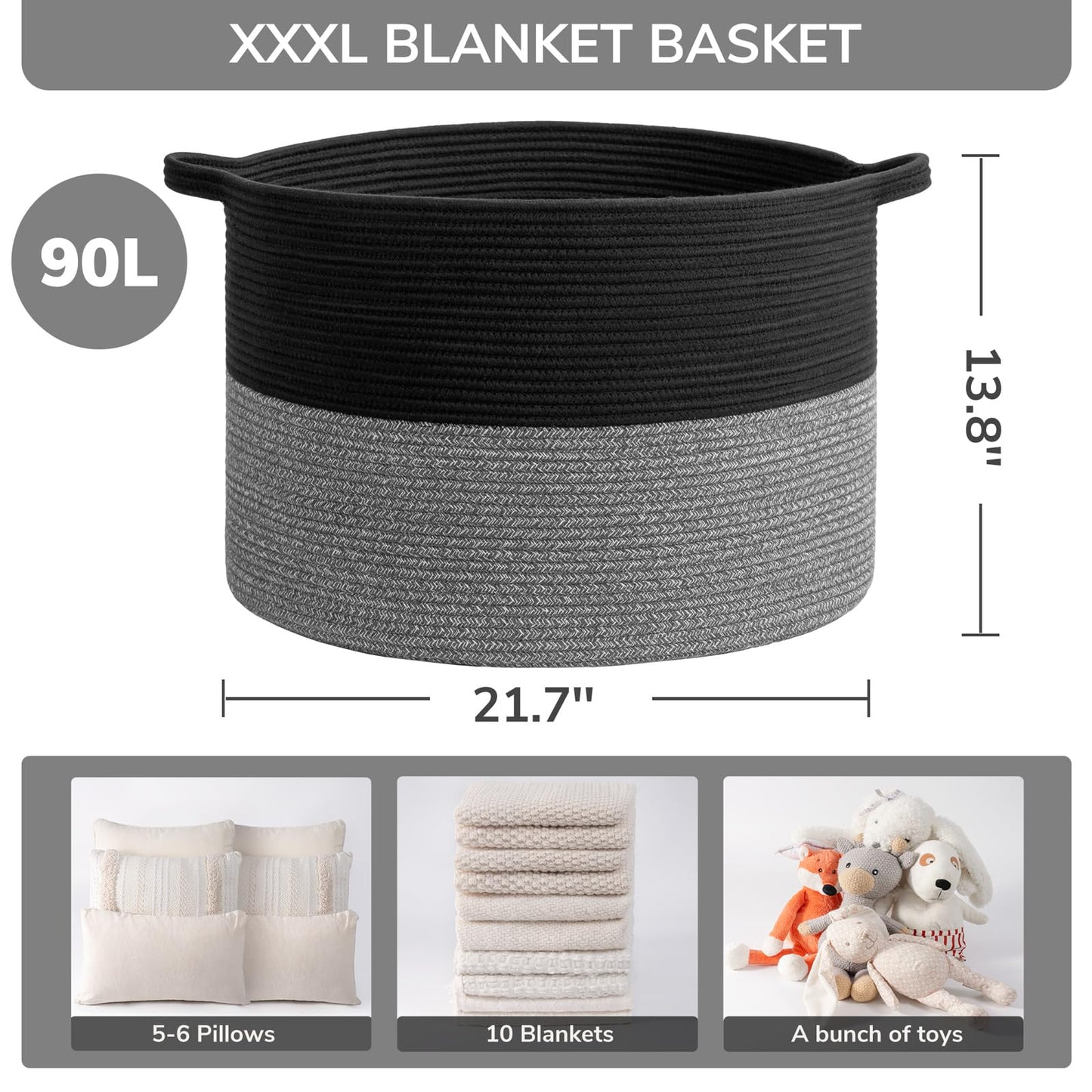 INDRESSME XXXLarge Cotton Rope Basket 21.7" x 21.7" x 13.8" Woven Baby Laundry Blanket Basket Toy Baskets with Handle Storage Comforter Cushions Thread Laundry Hamper