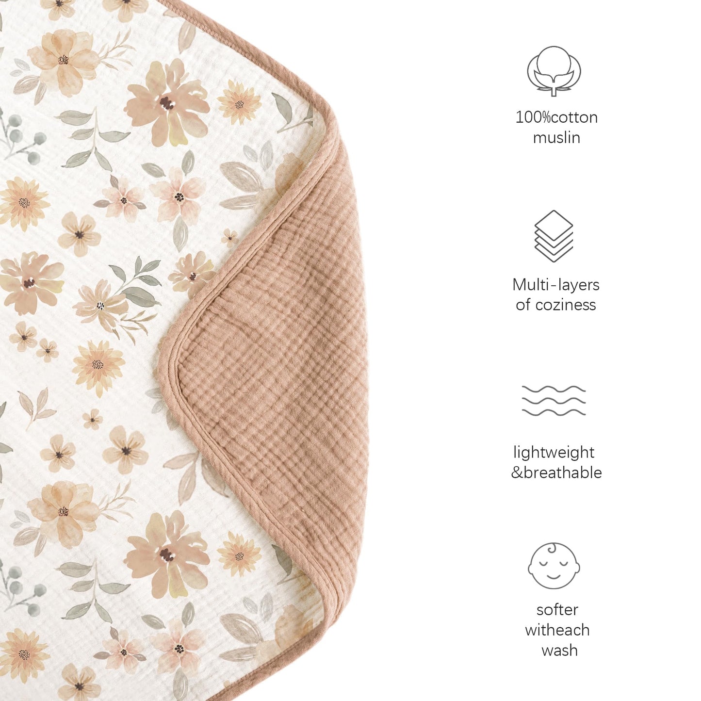 Konssy Muslin Baby Blankets for Girls Boys, 100% Cotton Crib Blanket for Infant Toddler, Super Soft and Lightweight Nursery Swaddling Wrap 40"x36" (Floral)