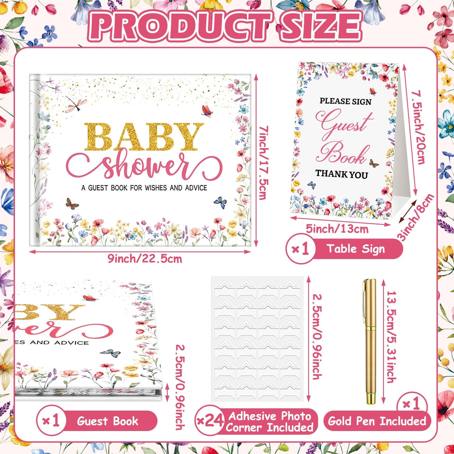 27 Pcs Butterfly Floral Baby Shower Guest Book Set Baby Shower Sign in Guest Floral Book Place Table Cards with Gold Pen Adhesive Photo Corner for Birthday Party
