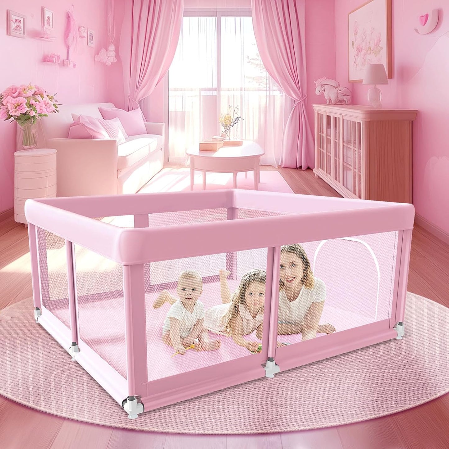 50" ×50" Baby Playpen, Baby Play Pen for Babies and Toddlers, Baby Playard for Indoor & Outdoor, Sturdy Safety Play Yard with Soft Breathable Mesh, Anti-Fall, Pink