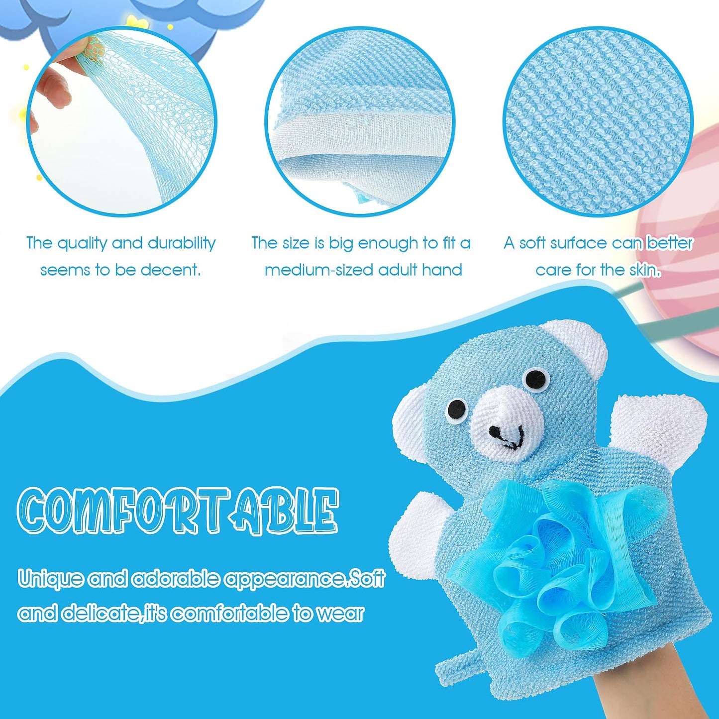 2 Pcs Bath Mitt Washcloths Gloves, Cute Cartoon Exfoliating Glove Body Scrubber, Gentle Soft Scrub Bath Loofahs Sponges for Kids Shower Washing (Pink Rabbit and Yellow Duck)