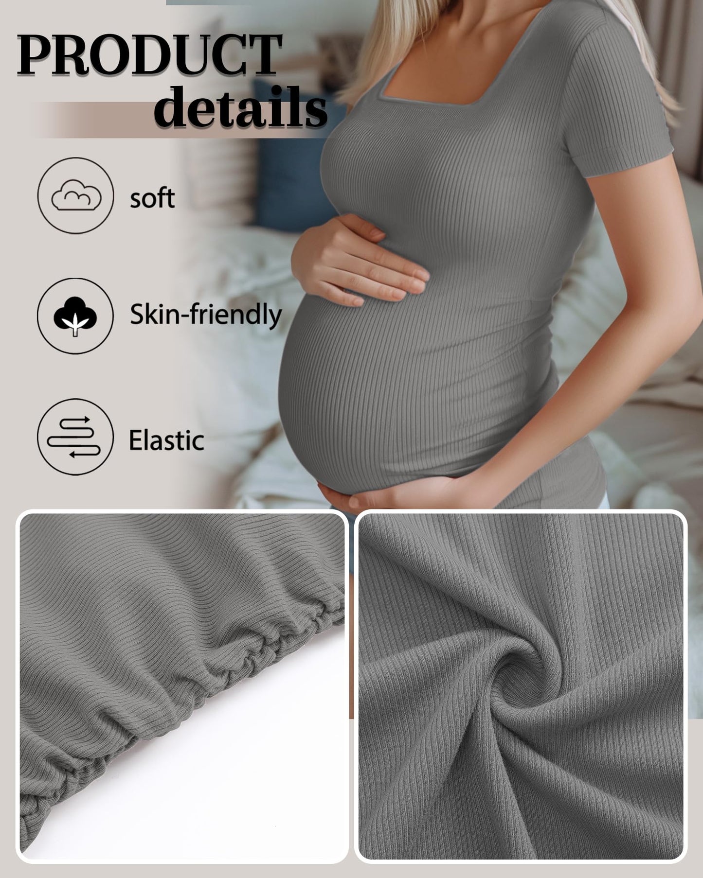 Huukeay 4 Pack Women's Maternity Shirts Cotton Ribbed Short Sleeve Square Neck Pregnancy Tops Side Ruched Summer Tee